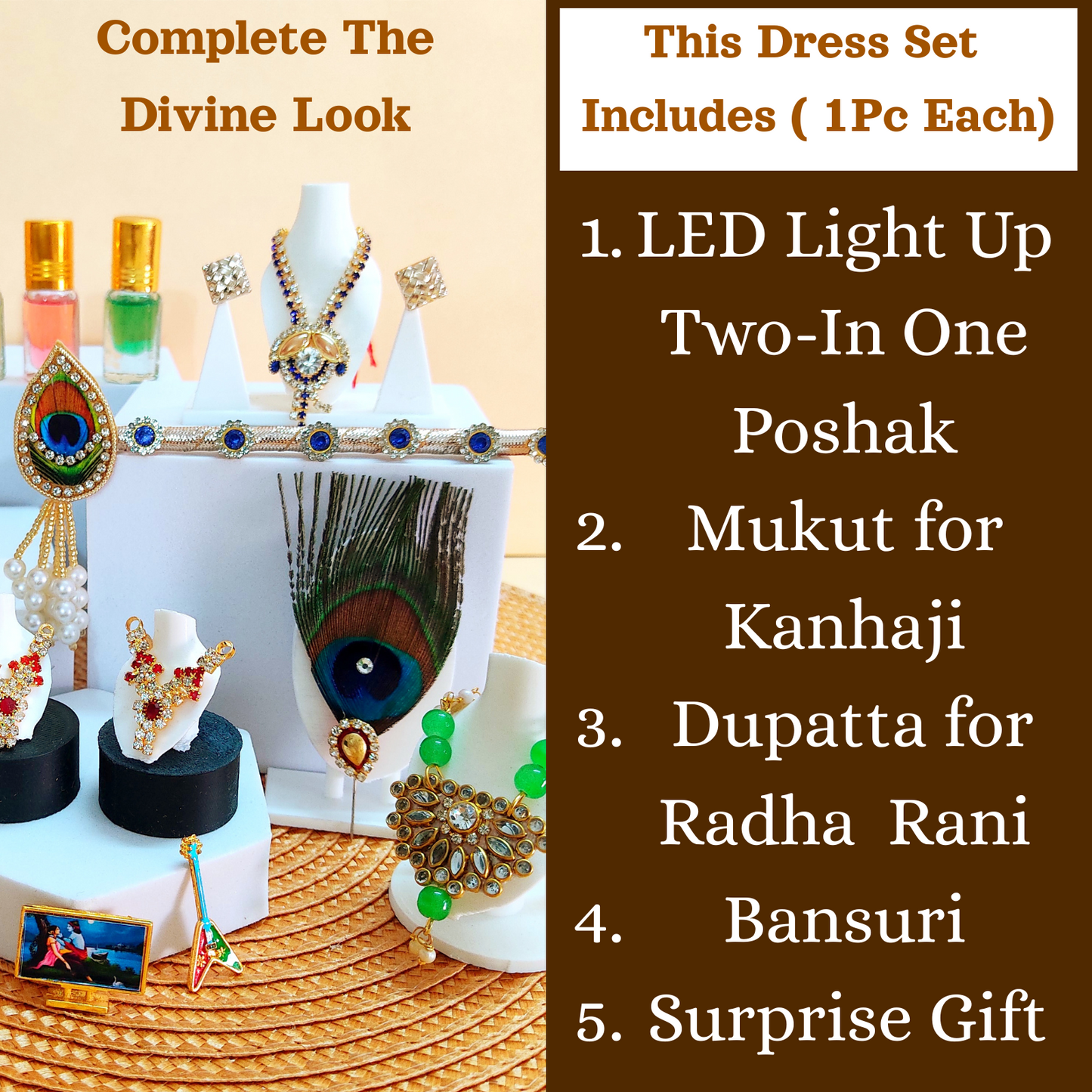 LED Light Up Krishna Dress – Two-In-One Fancy Multicolor Laddu Gopal Poshak with Matching Mukut, Bansuri & A Surprise Gift.