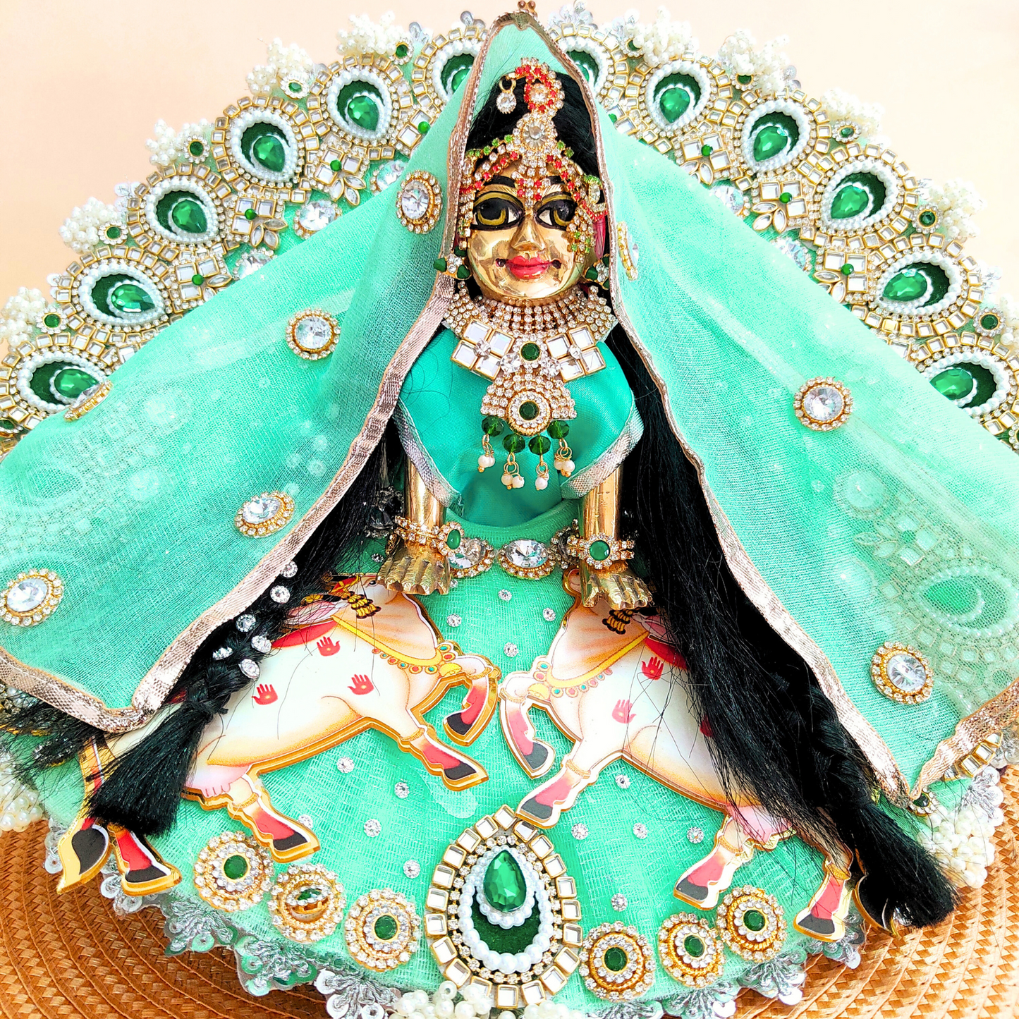 Divine Gau Mata -Themed Sea Green Radha Rani Dress – Janmashtami Designer Poshak with Dupatta & Complete Shringar Accessories