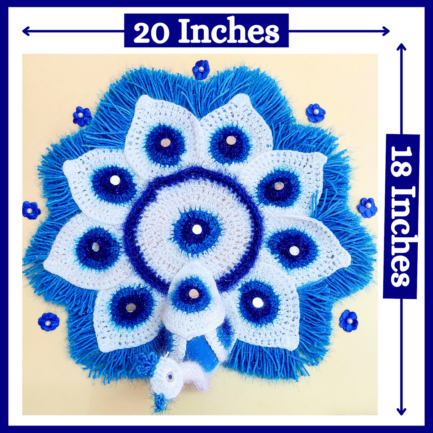 Handmade Crocheted Peacock-Inspired Pink and White Aasan for Kanha Ji | Elegant Thalposh | Sacred Table Cover & Home Decor