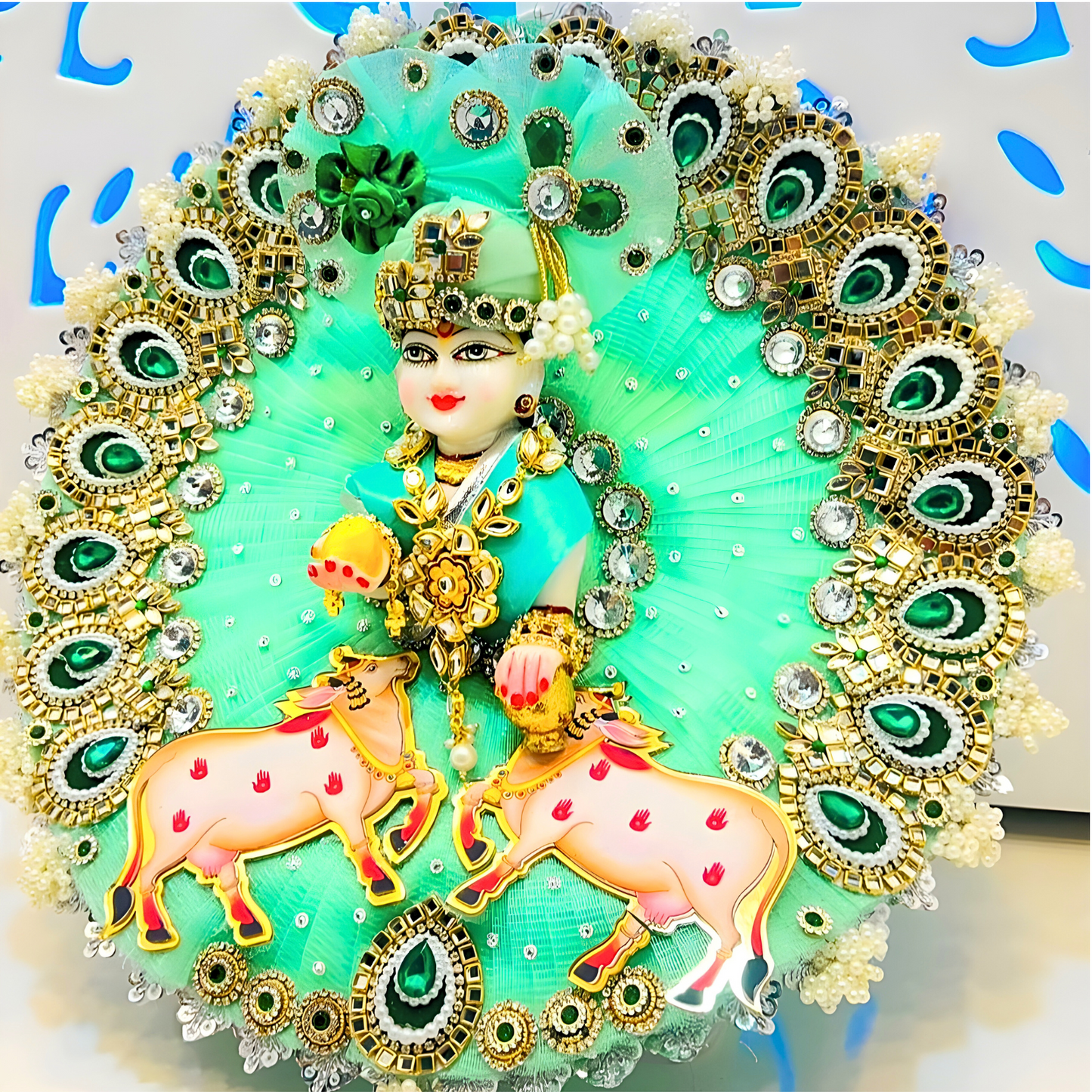 Divine Gau Mata -Themed Sea Green Krishna Dress – Janmashtami Designer Poshak with Mukut & Complete Shringar Accessories