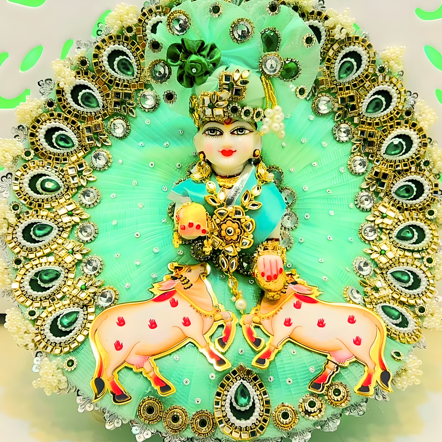 Divine Gau Mata -Themed Sea Green Krishna Dress – Janmashtami Designer Poshak with Mukut & Complete Shringar Accessories