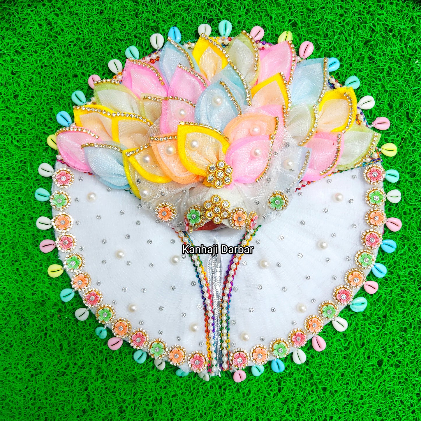 Sharad Purnima Special White Krishna Poshak – Multicolor Petal Work & Lace Dress with Mukut, Bansuri, Full Shringar Set & a Surprise Gift