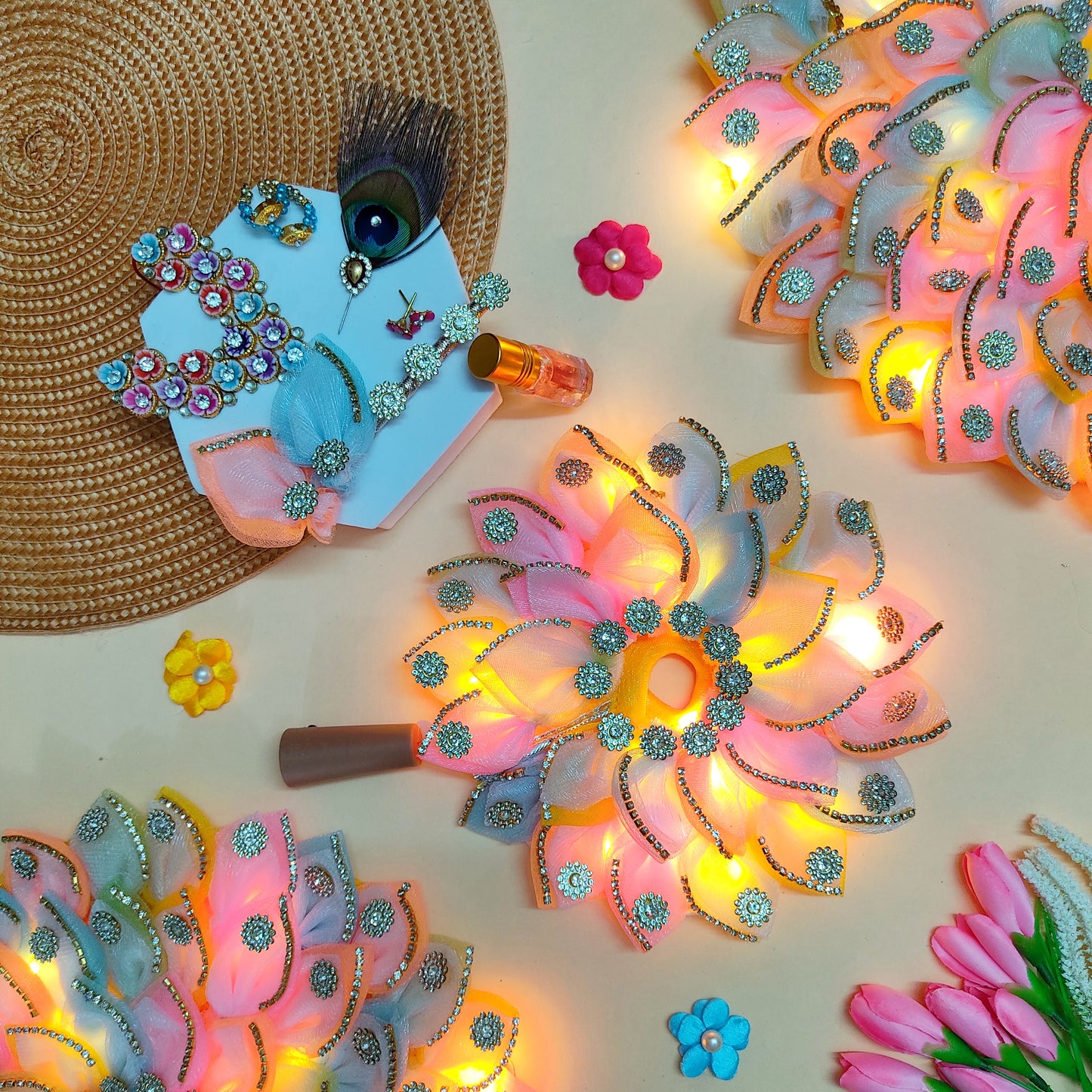 Diwali Special LED Light Up Krishna Dress – Two-In-One Fancy Multicolor Laddu Gopal Poshak with Mukut, Patakha Set, Bansuri and A Surprise Gift