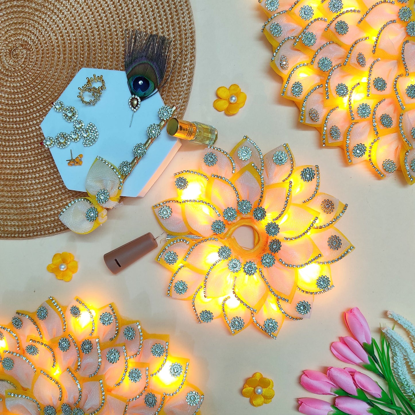 LED Light Up Kanha ji Dress – Two-In-One Fancy Yellow Laddu Gopal Dress with Matching Mukut, Bansuri & A Surprise Gift.