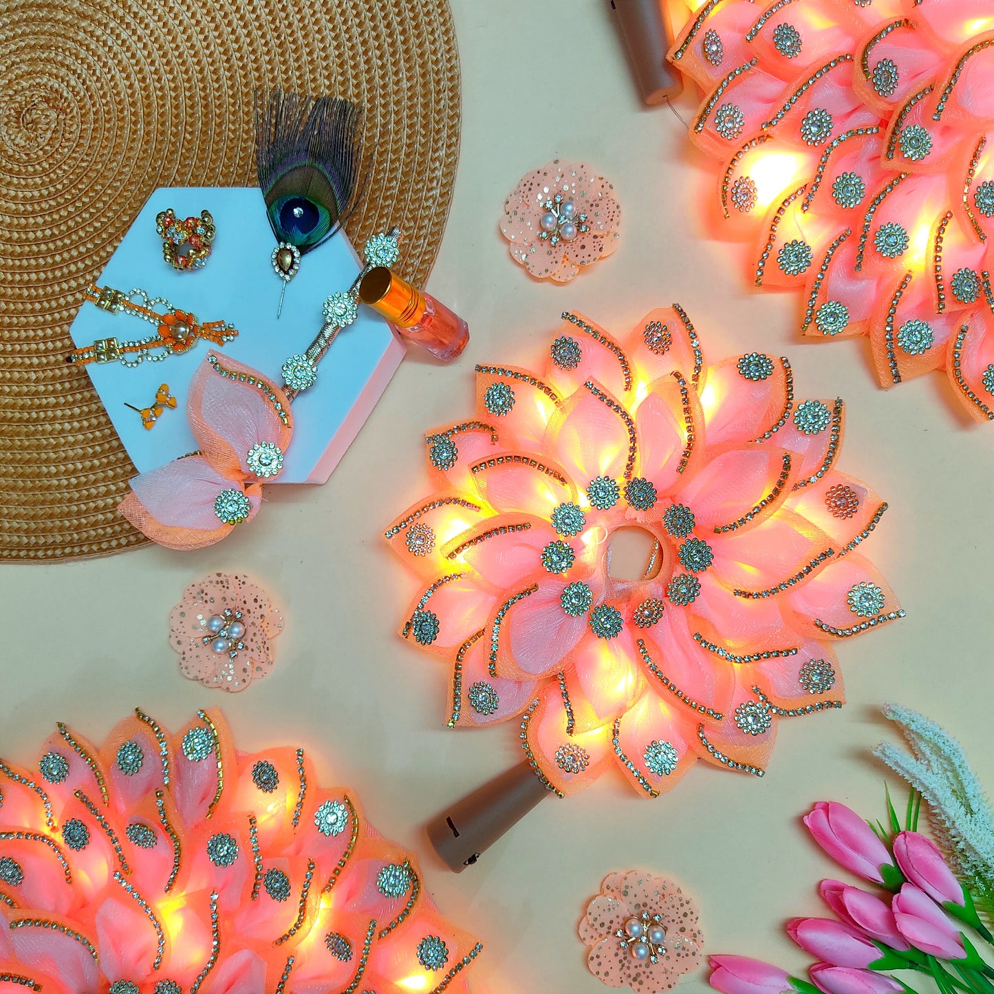 LED Light Up Radha Rani Dress – Two-In-One Peach Radha Rani Dress with Matching Dupatta, Bansuri & A Surprise Gift.