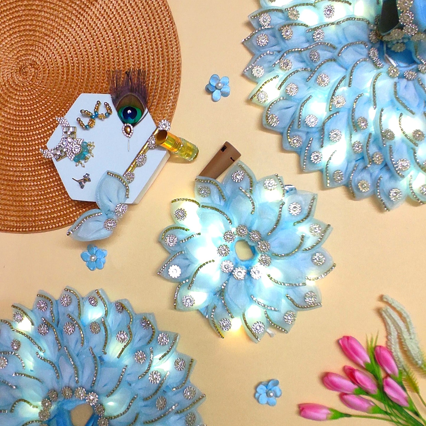 LED Light Up Radha Rani Dress – Two-In-One Sky Blue Dress with Matching Dupatta, Bansuri & A Surprise Gift.