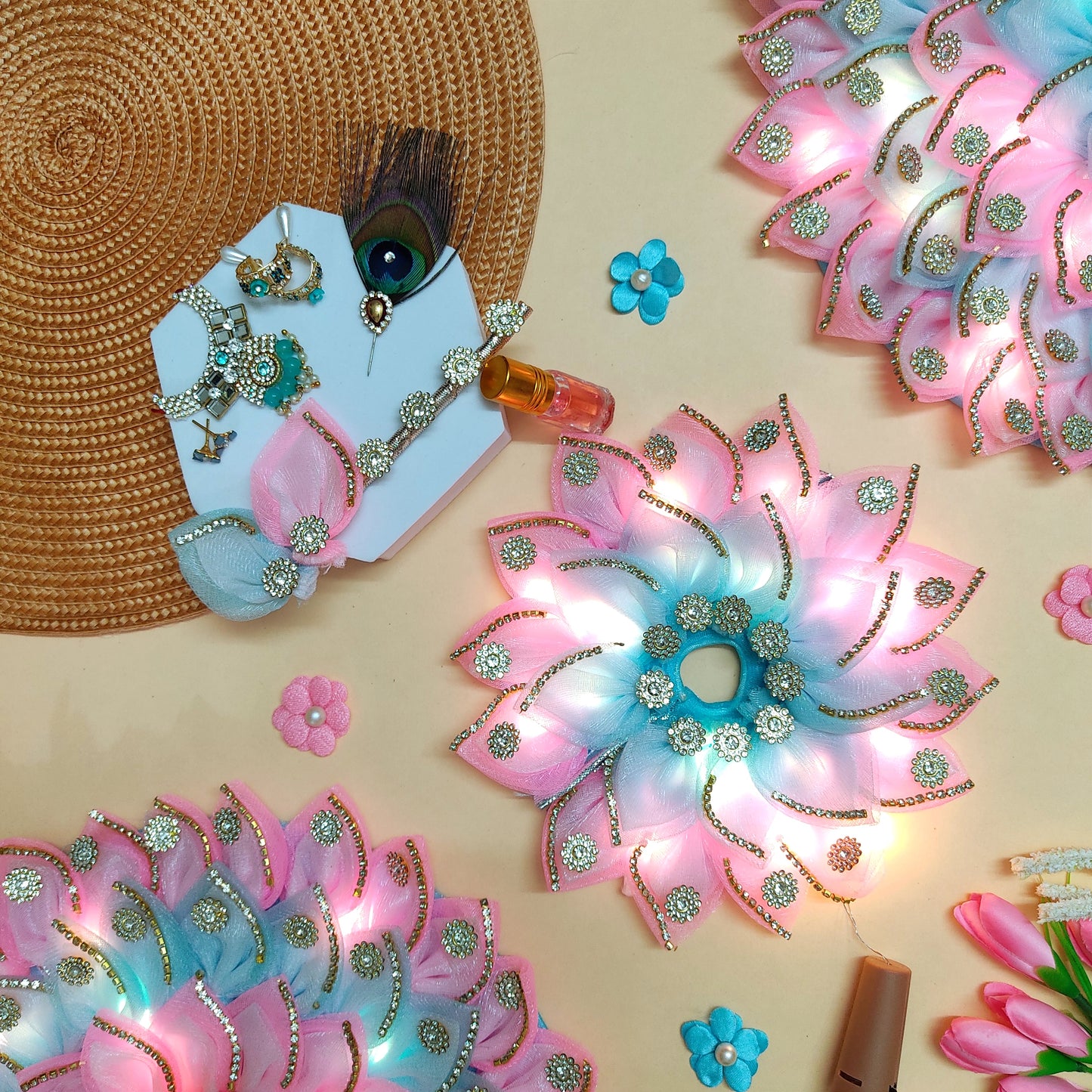LED Light Up Radha Rani Dress – Two-In-One Pink & Sky-Blue Dress with Matching Dupatta, Bansuri & A Surprise Gift.