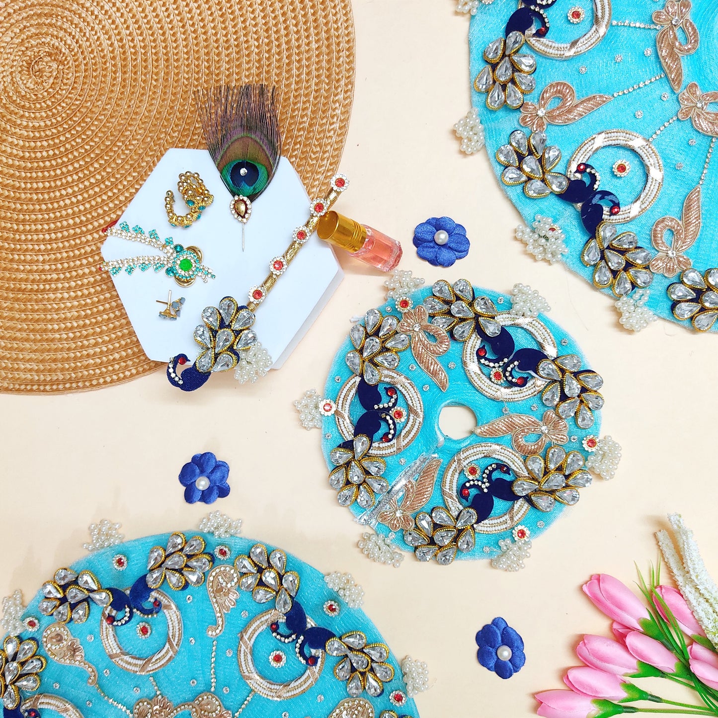 Sky Blue Kundan Work Radha Rani Dress – Royal Kundan Embroidery on Peacock Motifs, Matching Dupatta & Complete Shringar Set