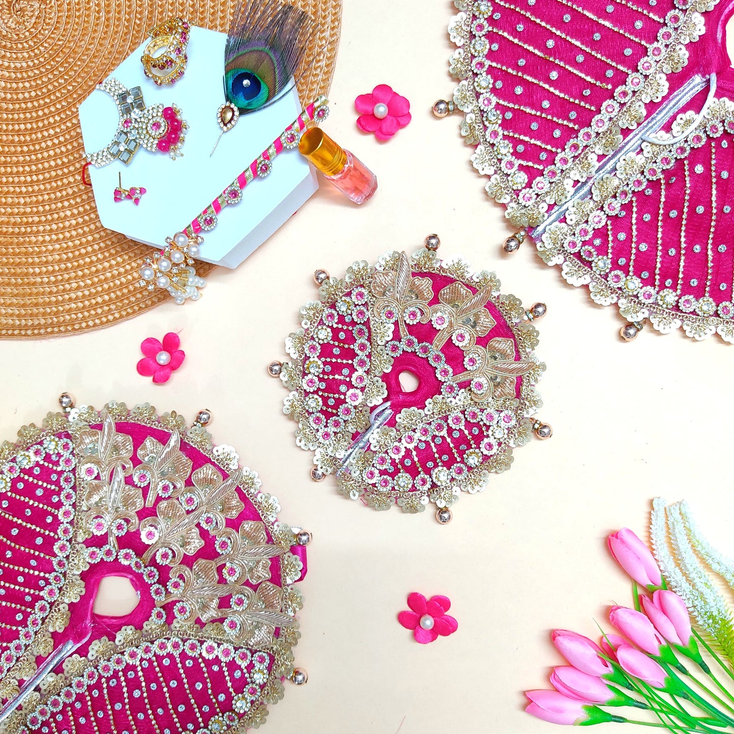 Royal Rani Pink Krishna Poshak – Beautiful Zari Patch and Bead Details with Matching Dupatta & Full Shringar Set