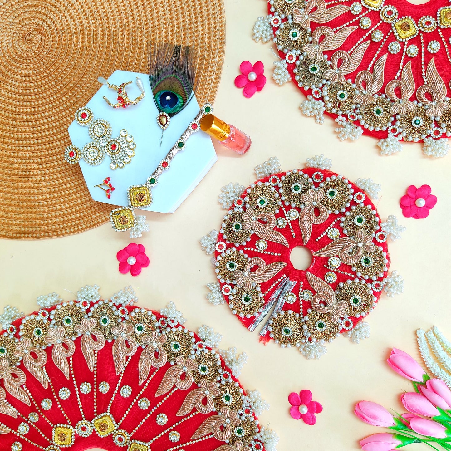 Traditional Red Radha Rani Poshak – Intricate Zari & Golden Patch Dress with Matching Dupatta & Full Shringar Set