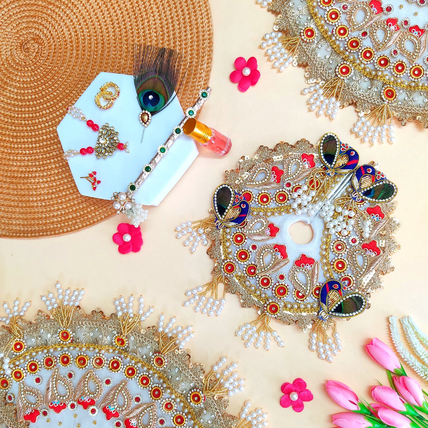 White Designer Laddu Gopal Outfit – Full Heavy Poshak with Zari Patches, Peacock Motifs, Intricate Detailing With Mukut & Full Shringar Set
