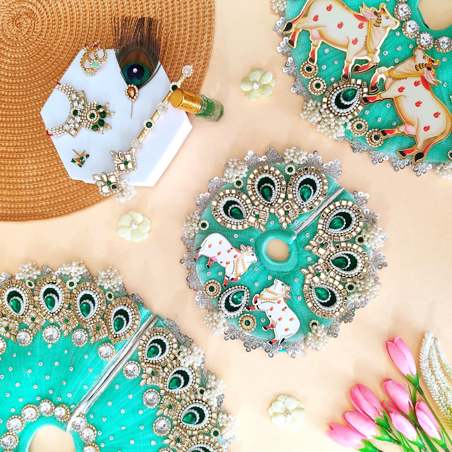 Divine Gau Mata -Themed Sea Green Krishna Dress – Janmashtami Designer Poshak with Mukut & Complete Shringar Accessories