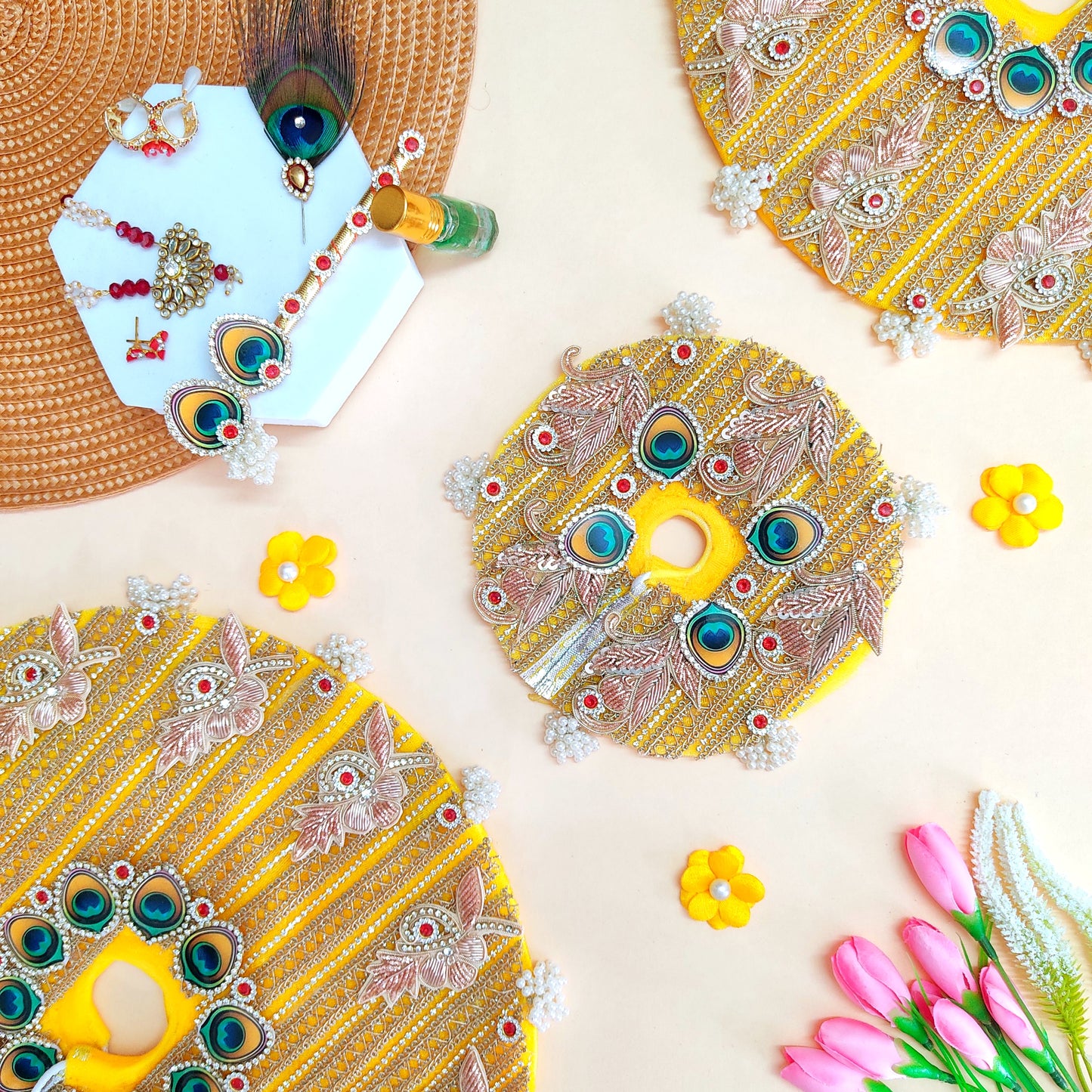 Royal Yellow Designer Radha Rani Dress – Full Lace Work with Peacock Style Patches, Matching Dupatta & Complete Shringar Set