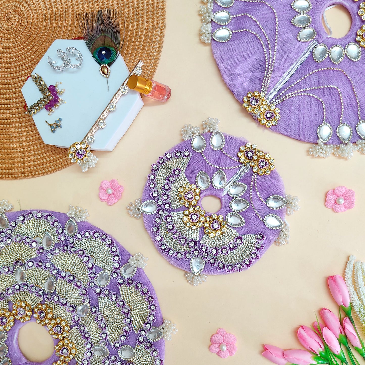 Sparkling Diamond Finish Radha Rani Dress in Light Purple – Janmashtami Special Unique Design Poshak With Matching Chunri, Bansuri & A Surprise Gift.