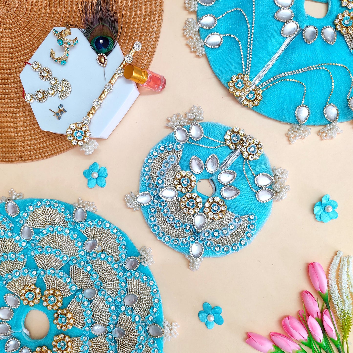 Sparkling Diamond Finish Kanha ji Dress in Sky Blue – Janmashtami Special Unique Design Poshak With Matching Mukut, Bansuri & A Surprise Gift.