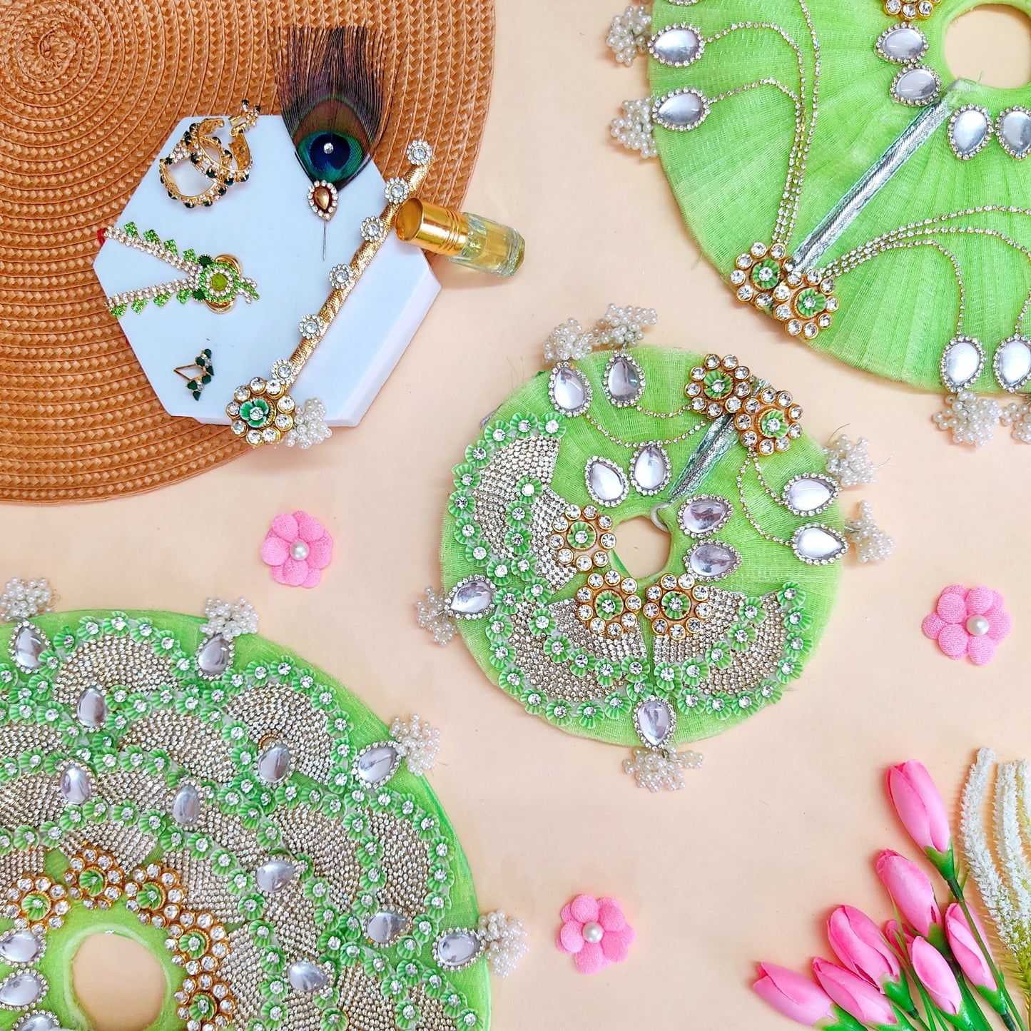 Sparkling Diamond Finish Laddu Gopal Dress in Pear Green – Janmashtami Special Unique Poshak Design With Matching Mukut, Bansuri & A Surprise Gift.