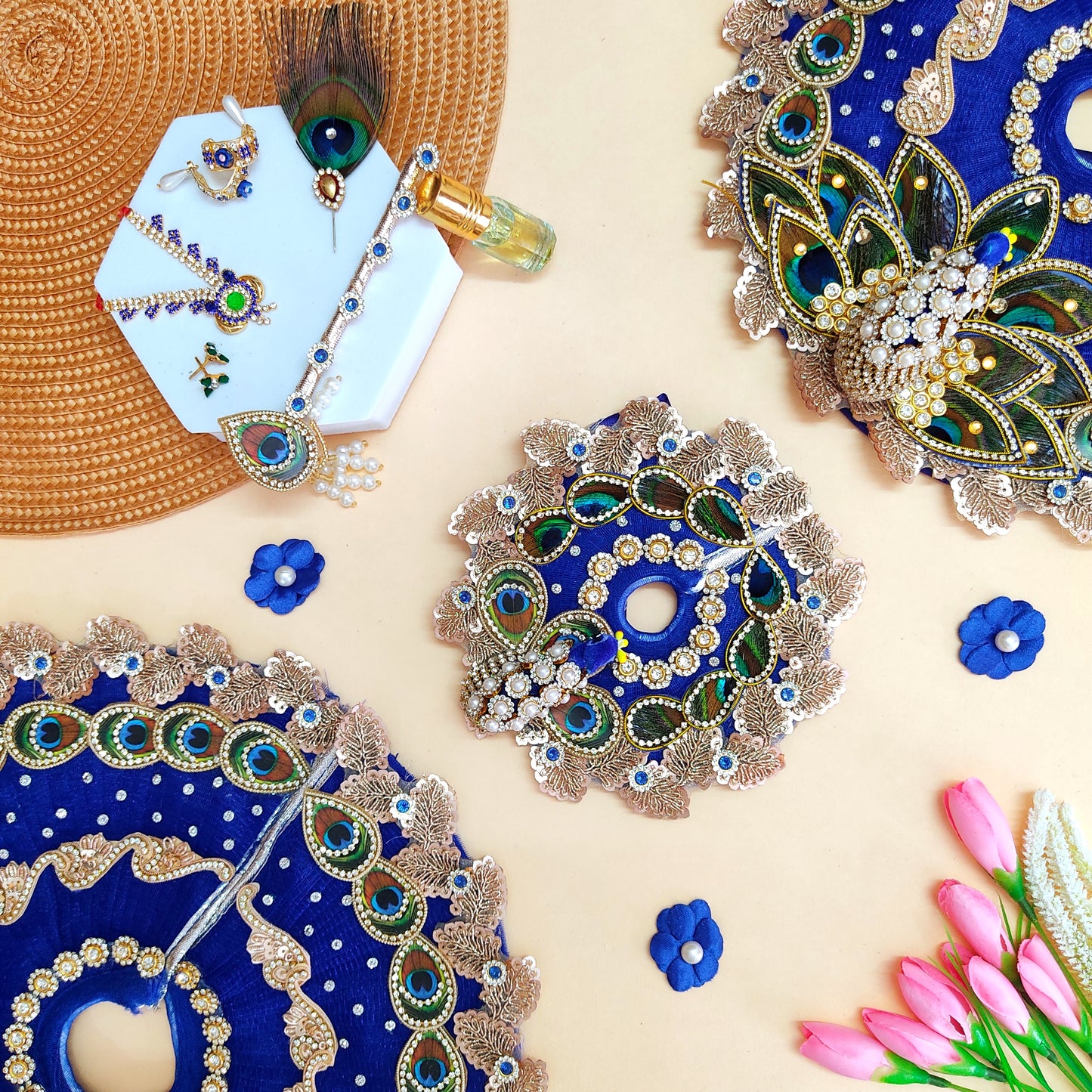 3D Peacock Blue Color Laddu Gopal Dress – Janmashtami Special Designer Thakur Ji Poshak with Matching Mukut & Full Shringar Set