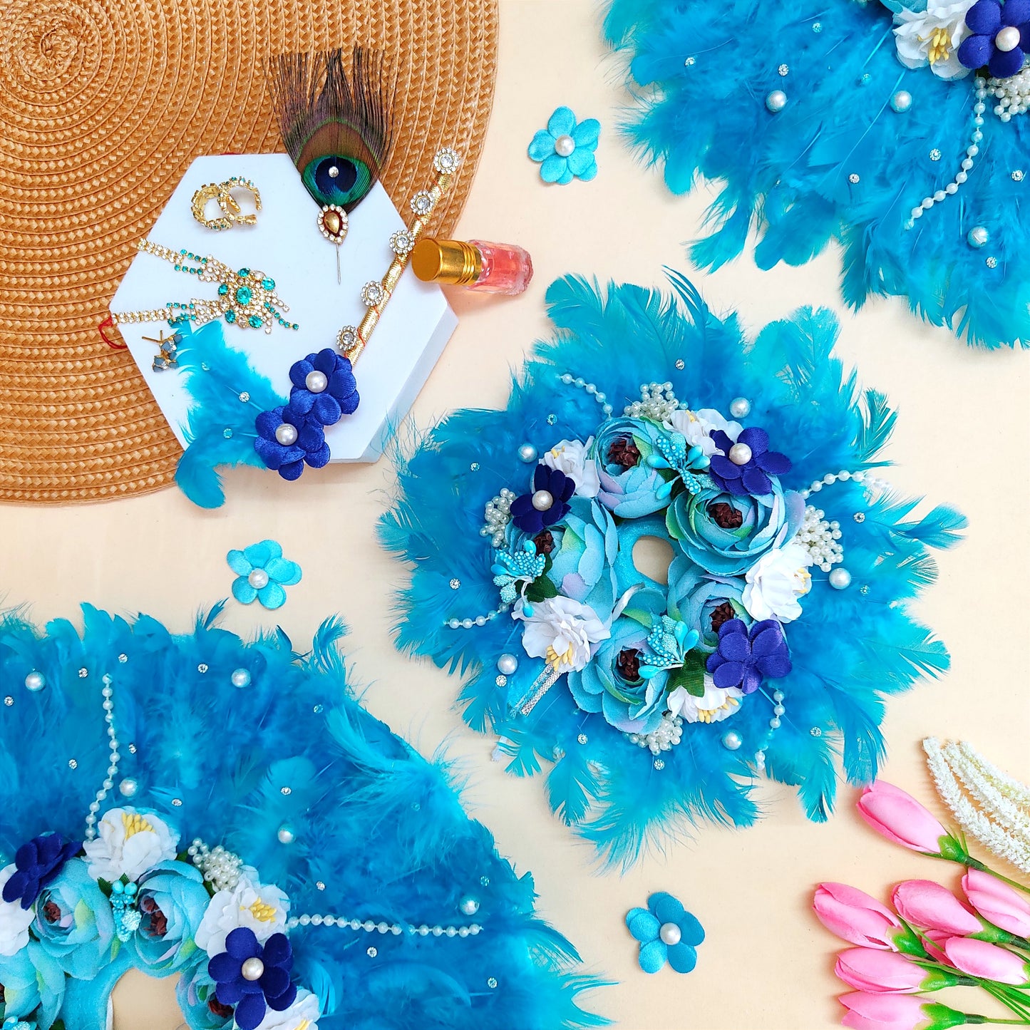 Soft Feather Sky Blue Kanha ji Dress – Janmashtami Special Laddu Gopal Poshak with Floral Work & Matching Mukut Full Shringar Set