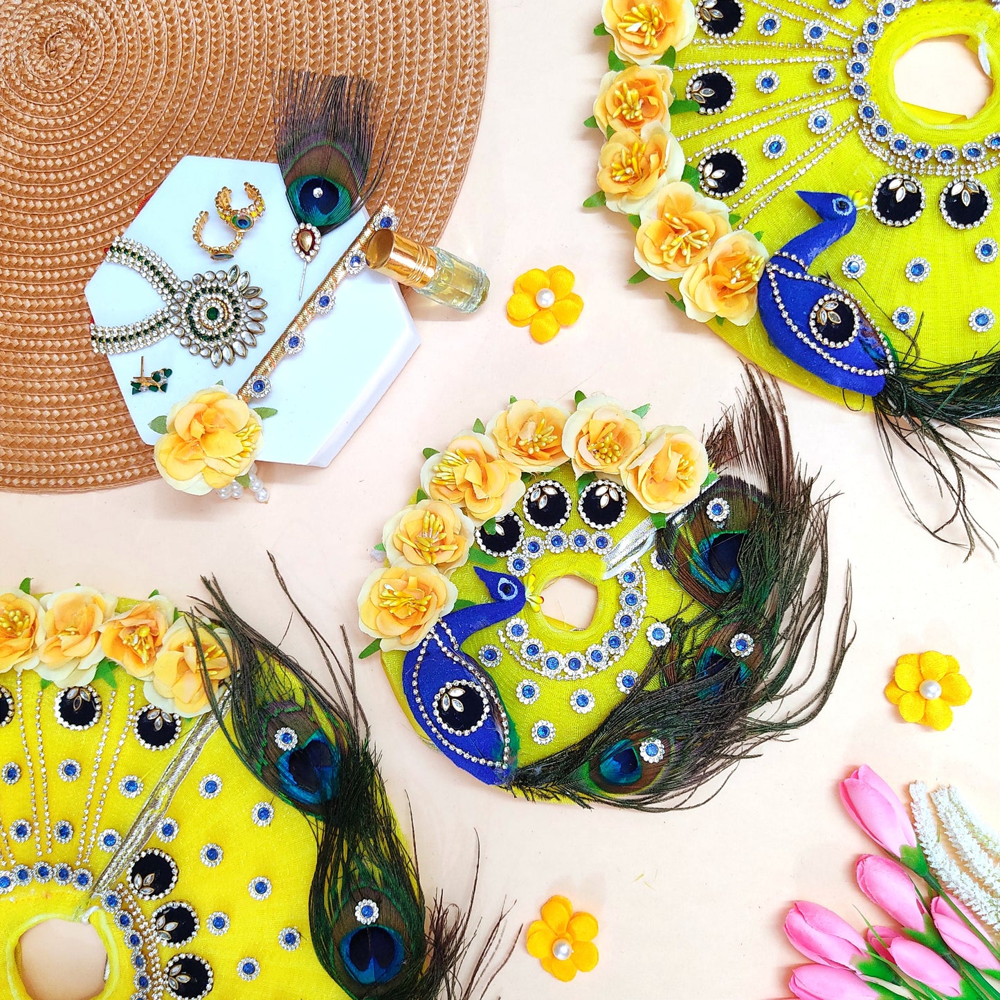 Yellow Color With Peacock Theme Dress for Radha Rani – Real Peacock Feathers & Floral Work with Matching Dupatta & Full Shringar Set