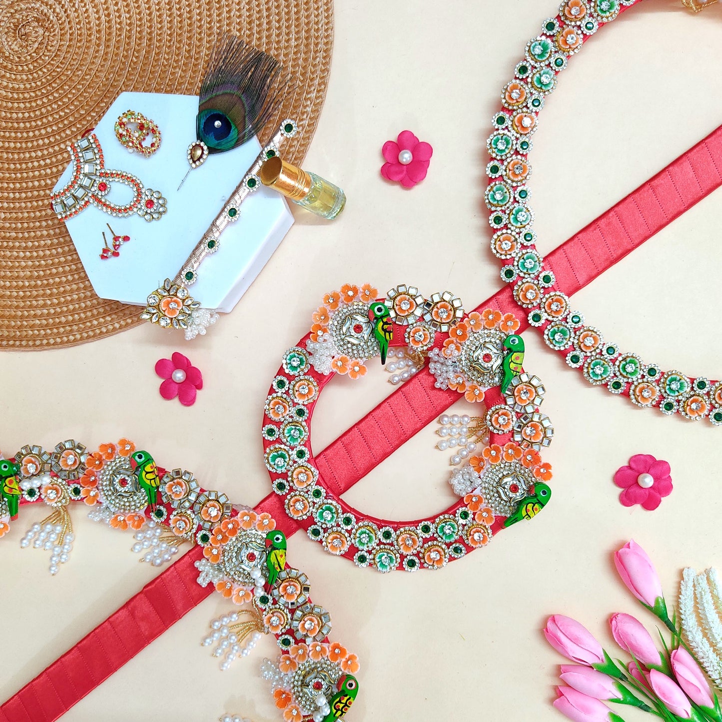 Two-In-One Ring Style Radha Rani Dress – Janmashtami Special Heavy Poshak with Decorative Ring, Handmade Kundan & Floral Patches, Matching Dupatta& Full Shringar Set