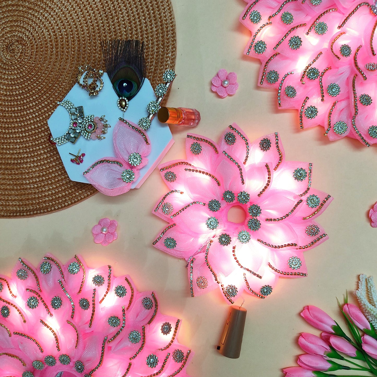 LED Light Up Radha Rani Dress – Two-In-One Pink Radha Rani Dress with Matching Dupatta, Bansuri & A Surprise Gift.