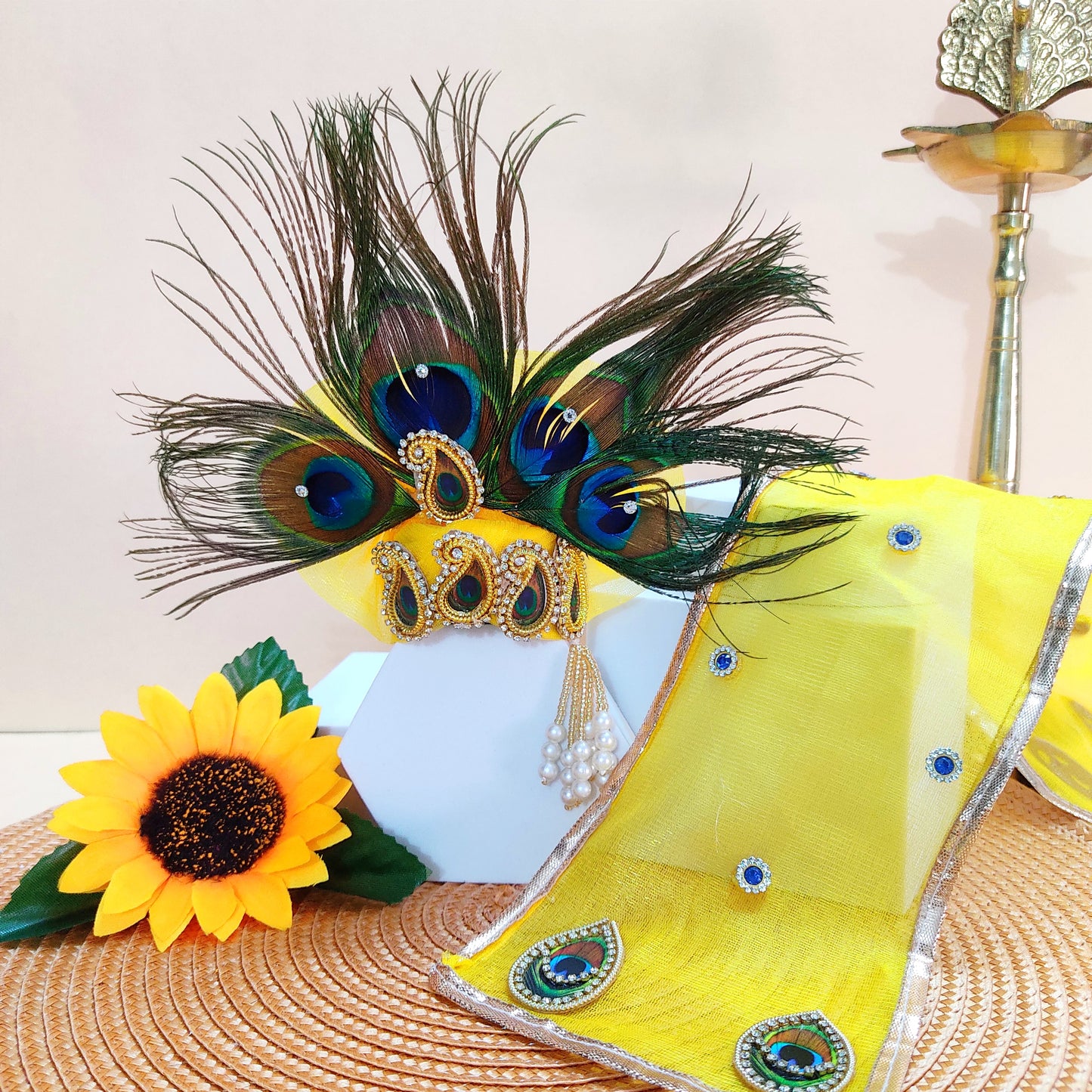 Peacock Feather Special Laddu Gopal Poshak – Janmashtami Special Designer Dress with Peacock Mukut & Full Shringar Set