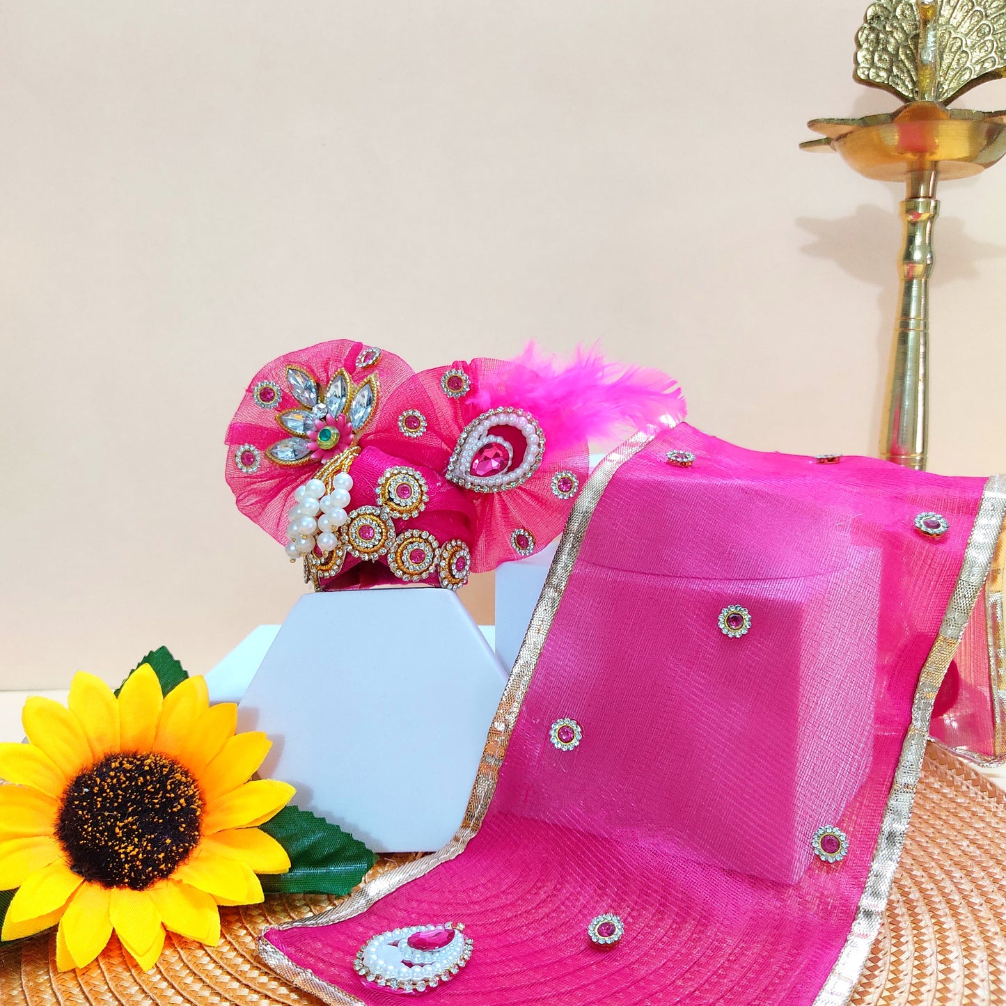 Royal Rani Pink Krishna Dress – Hexagon Poshak with Handmade Patches, Heavy Mukut & Full Shringar Set