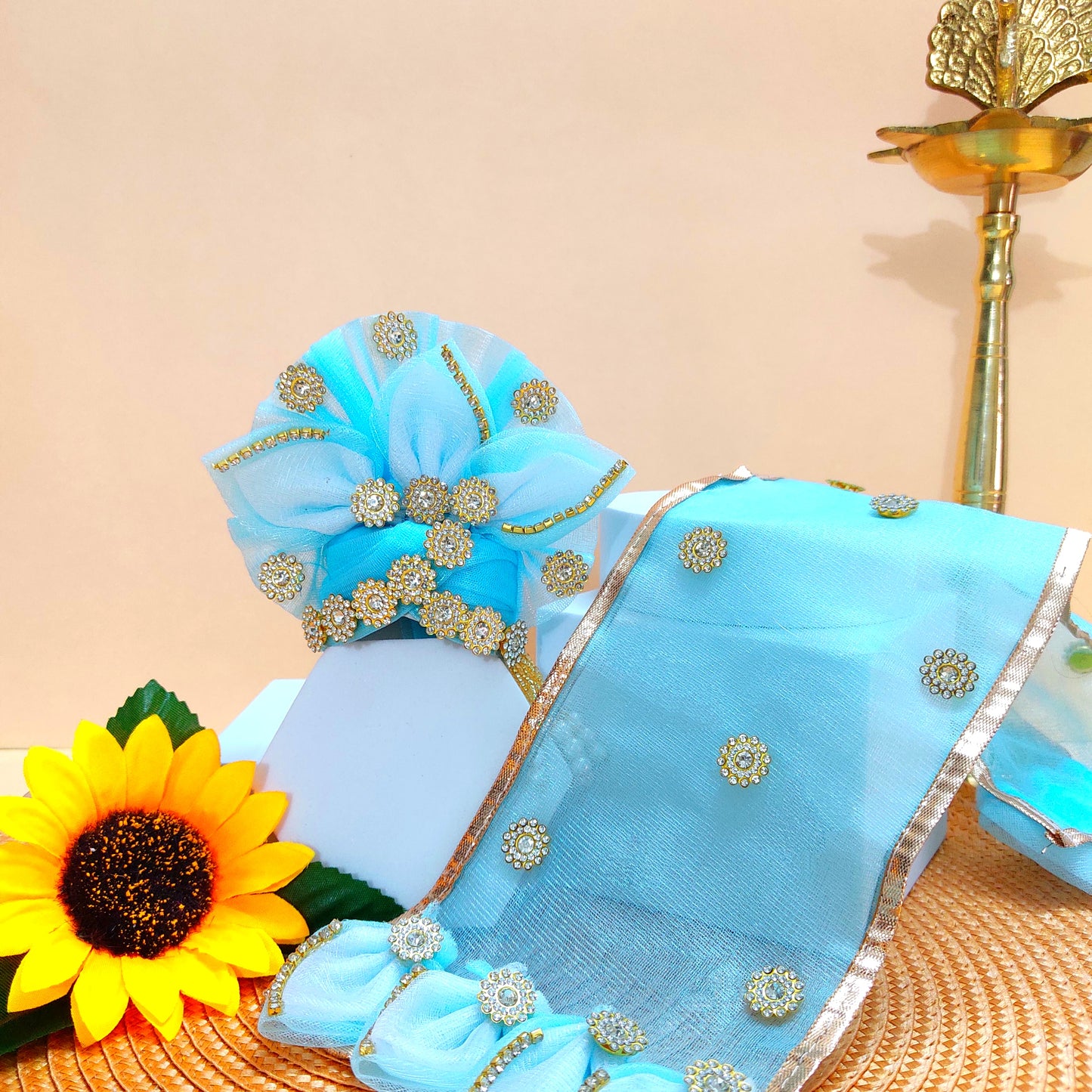 LED Light Up Radha Rani Dress – Two-In-One Sky Blue Dress with Matching Dupatta, Bansuri & A Surprise Gift.