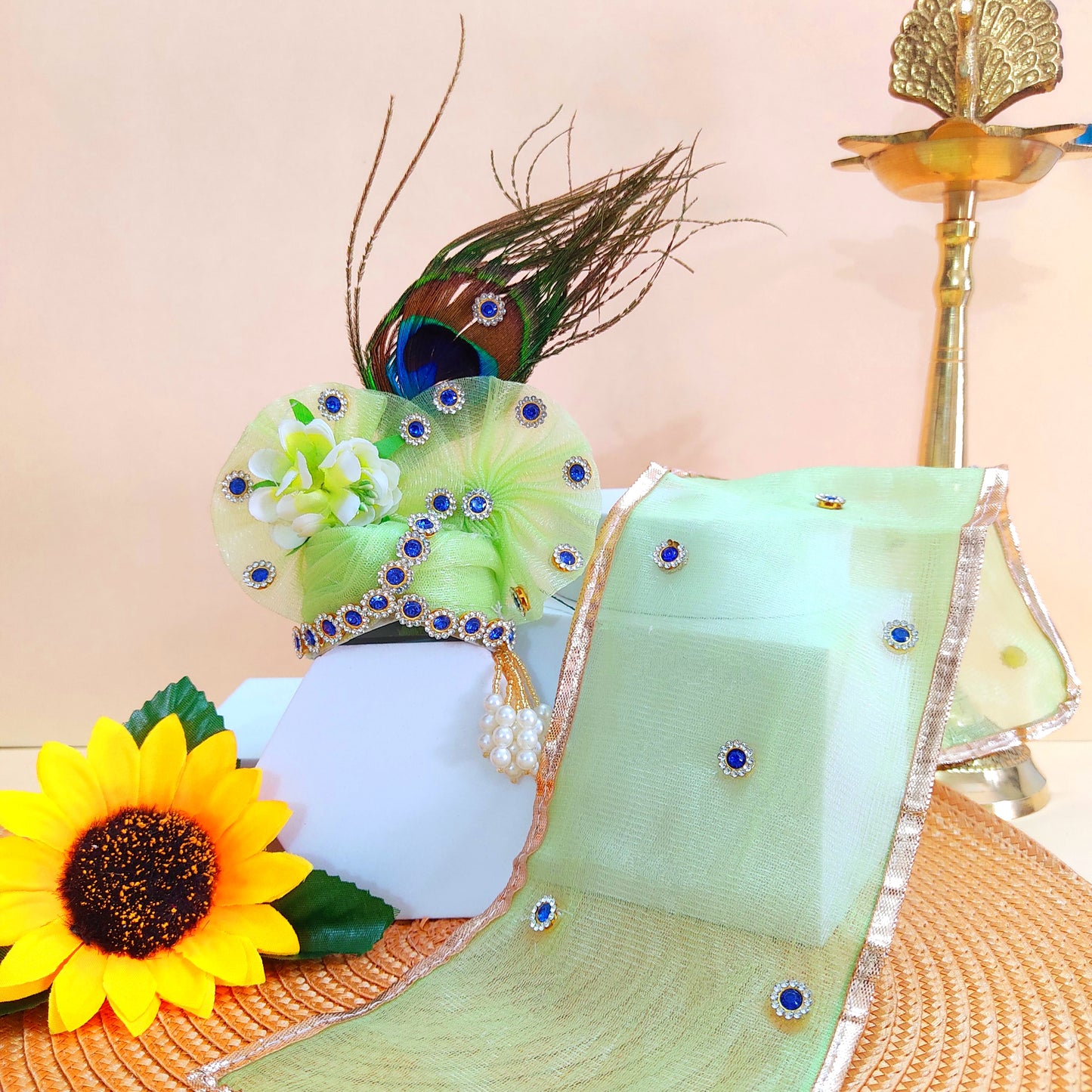 Radiant Green Color With Peacock Theme Dress for Radha Rani – Real Peacock Feathers & Floral Work with Matching Chunri & Full Shringar Set