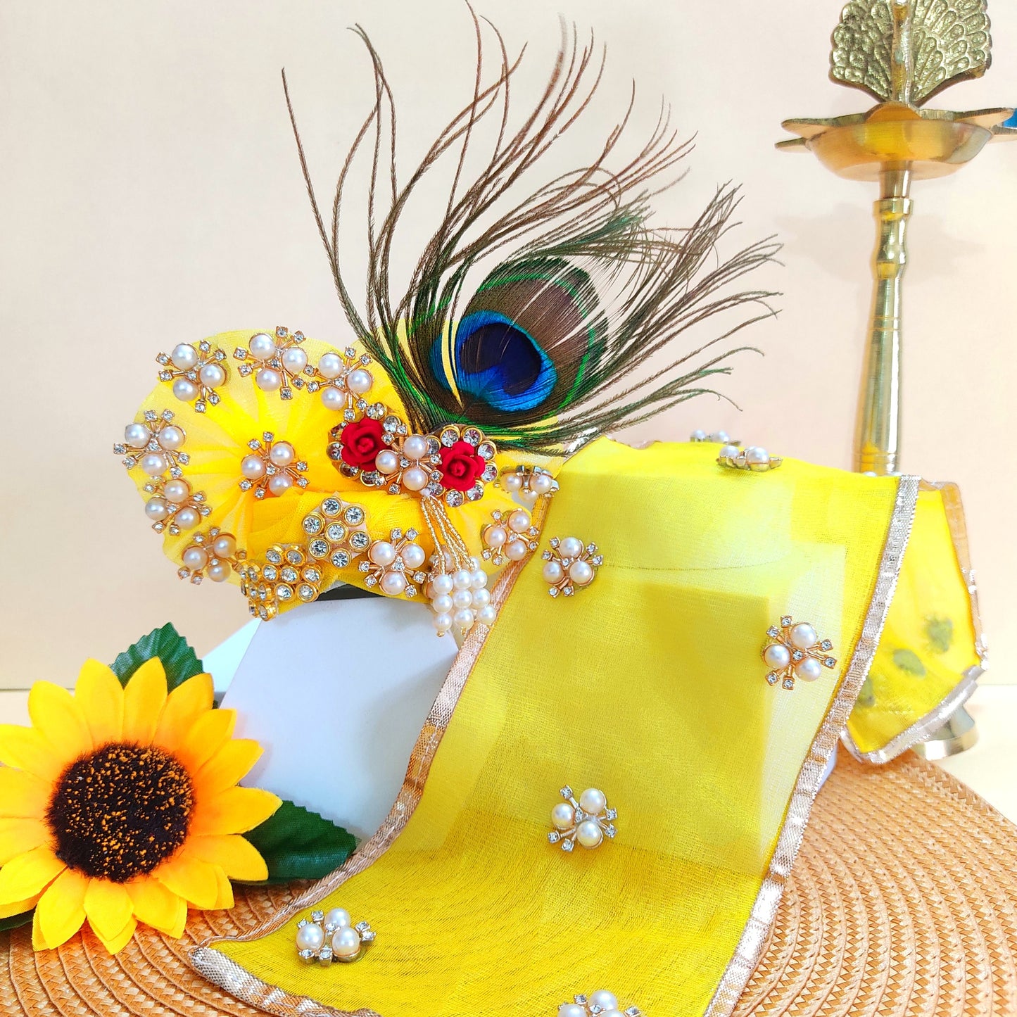 Designer Red and Yellow Radha Rani Poshak – Heavy Styling Dress with Peacock Feather Patches, Matching Chunri & Full Shringar Set