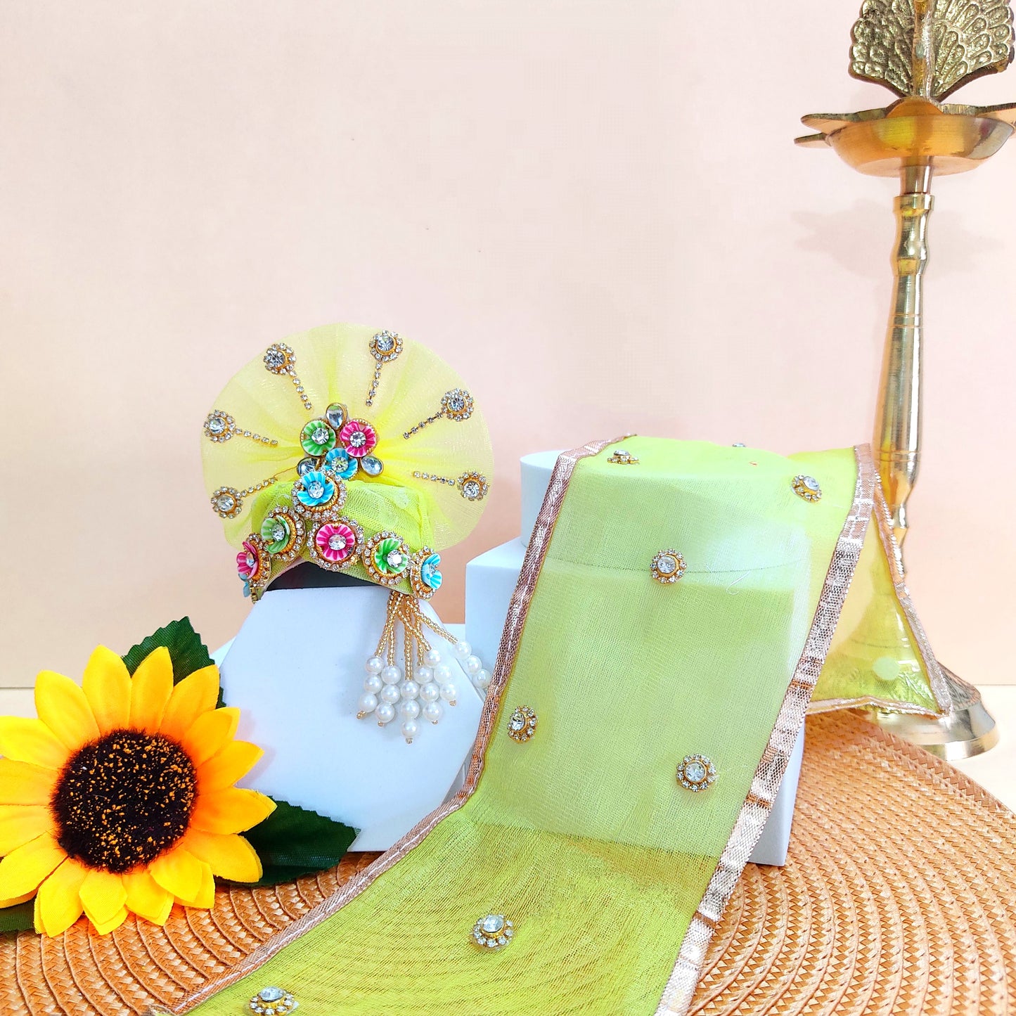 Elegant Lemon Yellow Radha Rani Outfit – Multicolor Floral Work with Diamond Chain Detailing, Chunri & Full Shringar Set