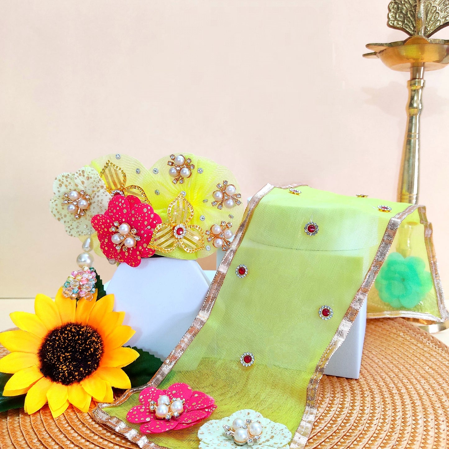 Divine Laddu Gopal Dress in Lemon Yellow – Multicolor Imported Flower Work & Mukut, Full Shringar Included