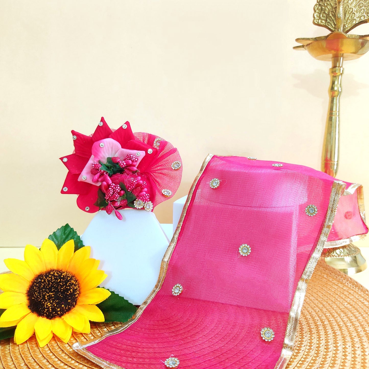 Elegant Rose Petal Poshak for Bal Gopal – Matching Mukut & Full Shringar Included