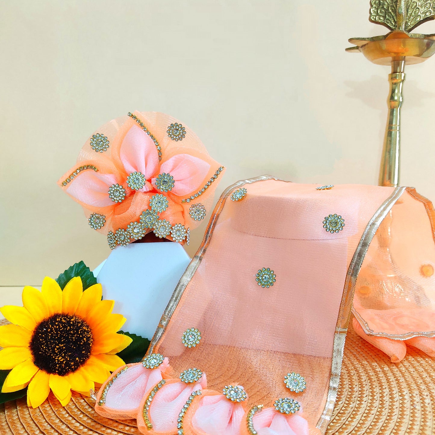 LED Light Up Radha Rani Dress – Two-In-One Peach Radha Rani Dress with Matching Dupatta, Bansuri & A Surprise Gift.
