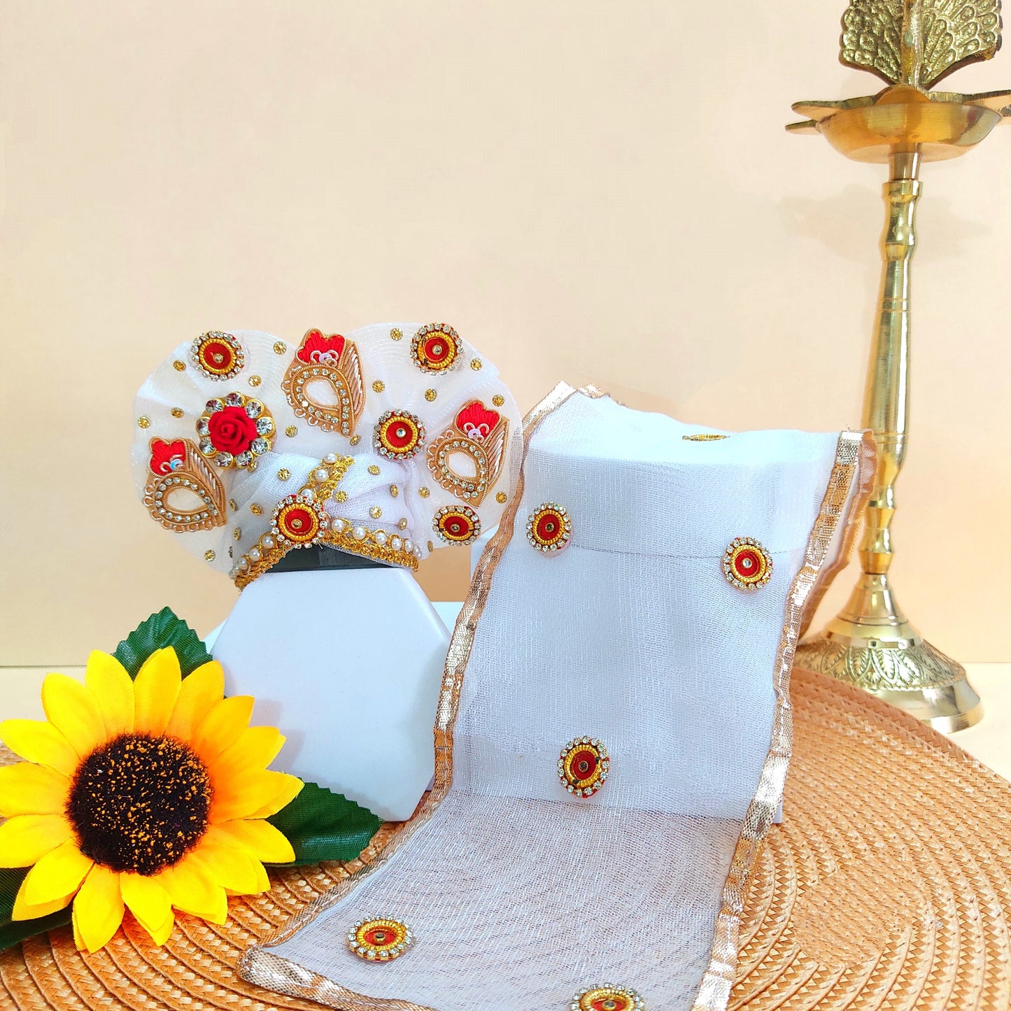 White Designer Laddu Gopal Outfit – Full Heavy Poshak with Zari Patches, Peacock Motifs, Intricate Detailing With Mukut & Full Shringar Set
