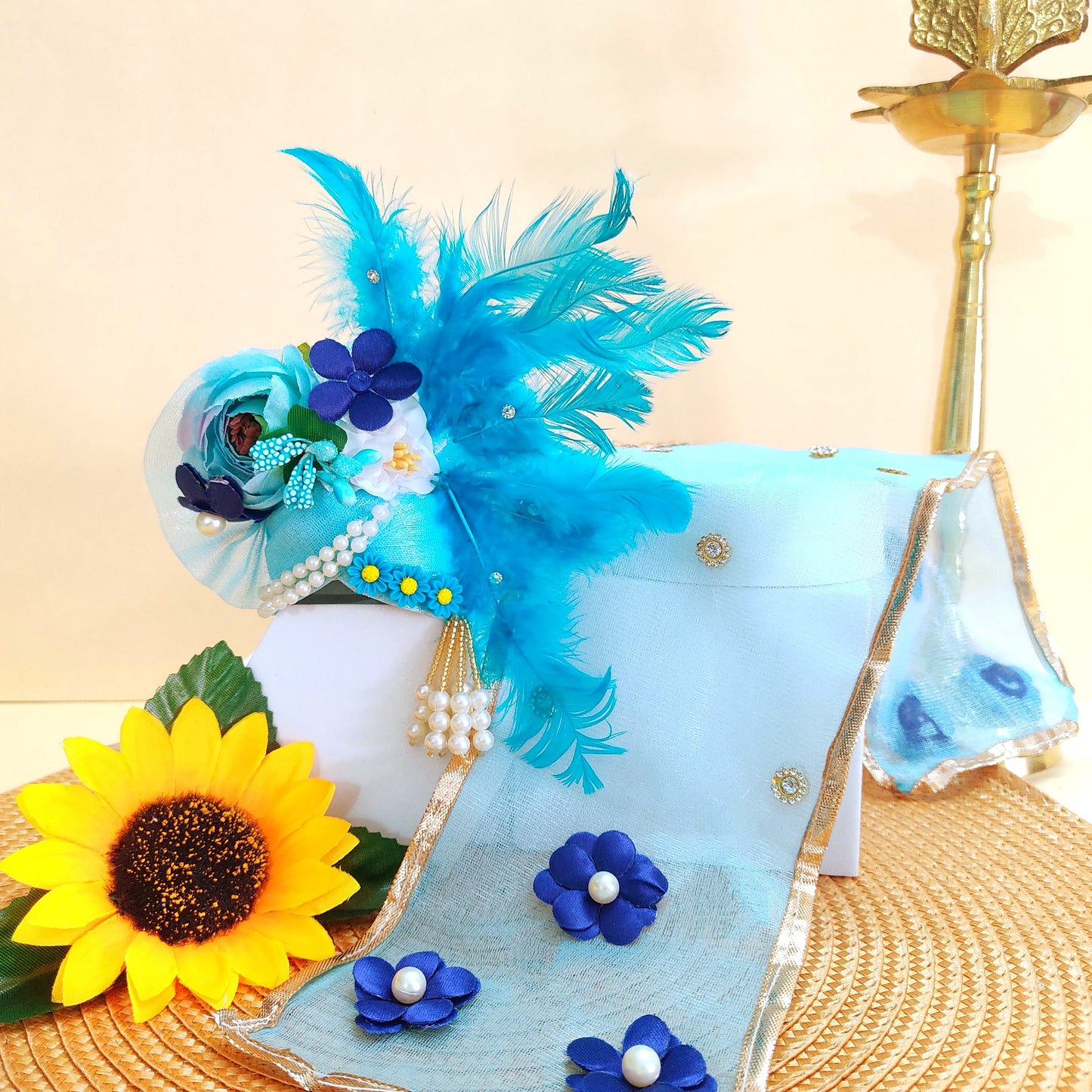 Soft Feather Sky Blue Kanha ji Dress – Janmashtami Special Laddu Gopal Poshak with Floral Work & Matching Mukut Full Shringar Set