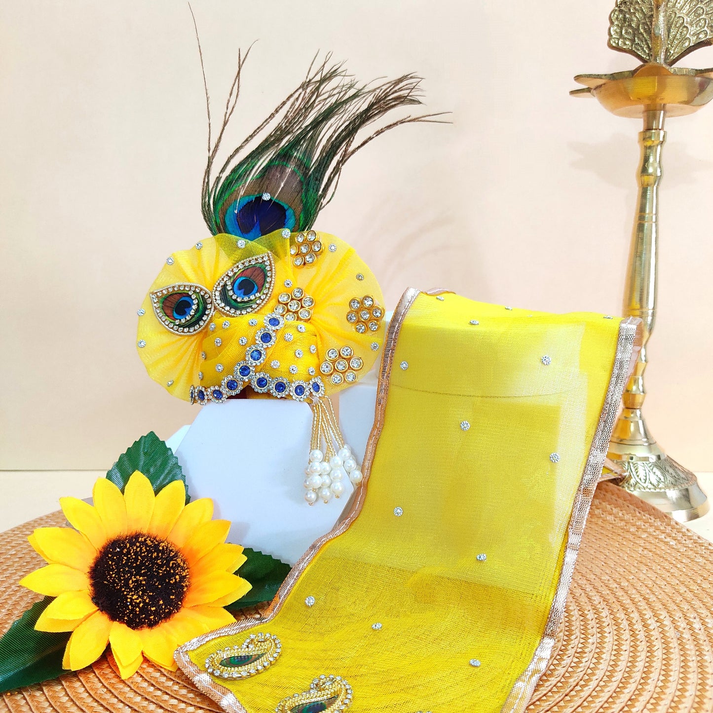 3D Peacock Radha Rani Dress – Janmashtami Special Designer Poshak with Matching Chunri & Full Shringar Set