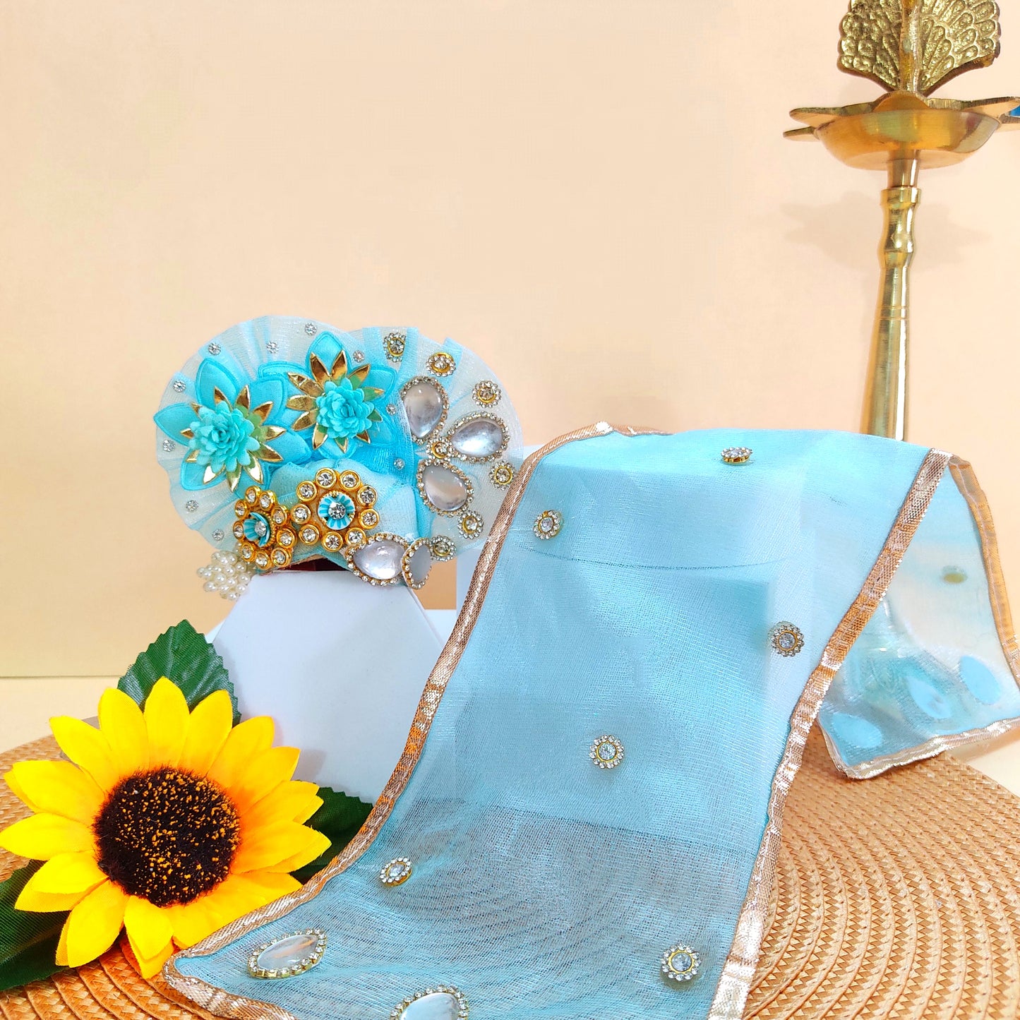 Sparkling Diamond Finish Kanha ji Dress in Sky Blue – Janmashtami Special Unique Design Poshak With Matching Mukut, Bansuri & A Surprise Gift.