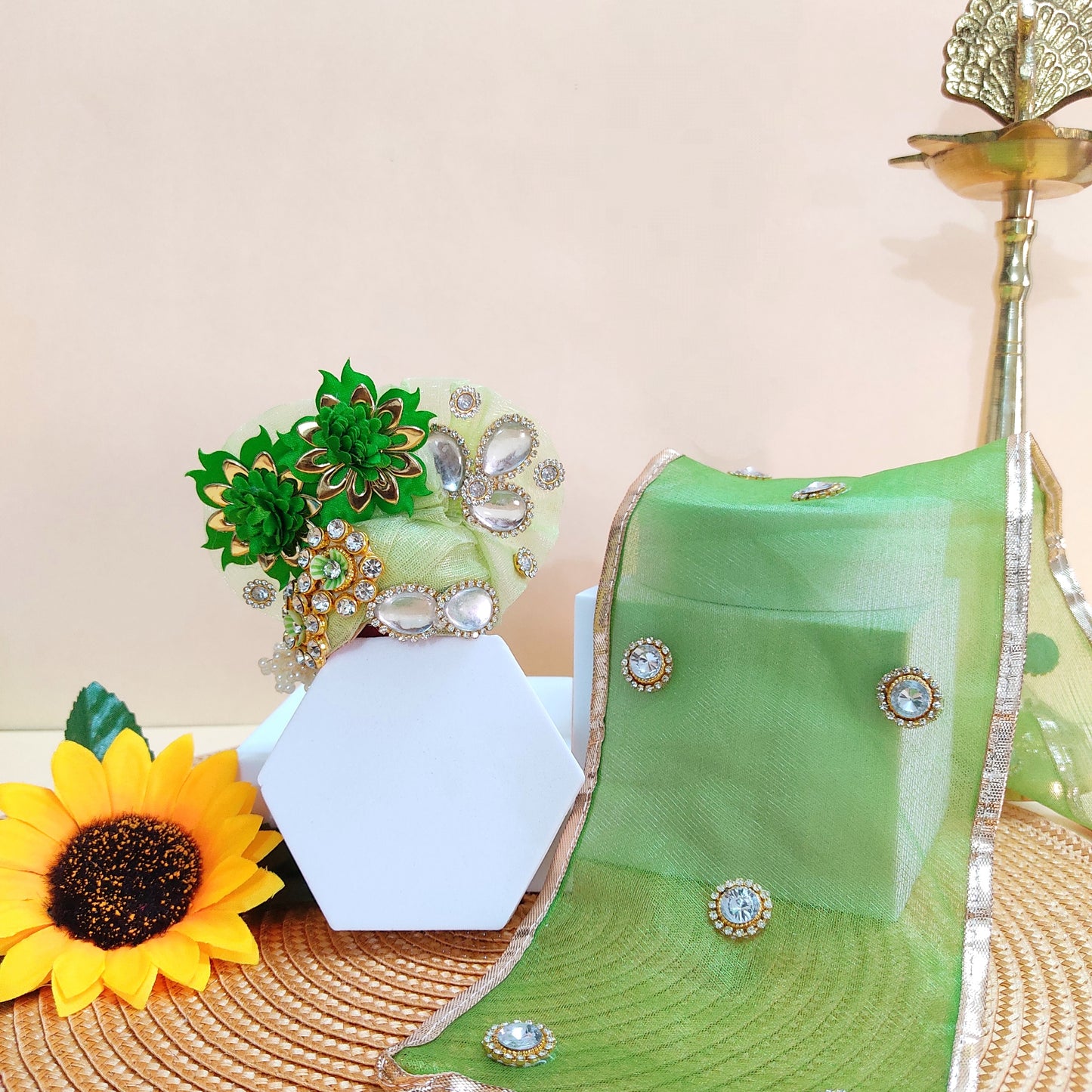 Sparkling Diamond Finish Laddu Gopal Dress in Pear Green – Janmashtami Special Unique Poshak Design With Matching Mukut, Bansuri & A Surprise Gift.