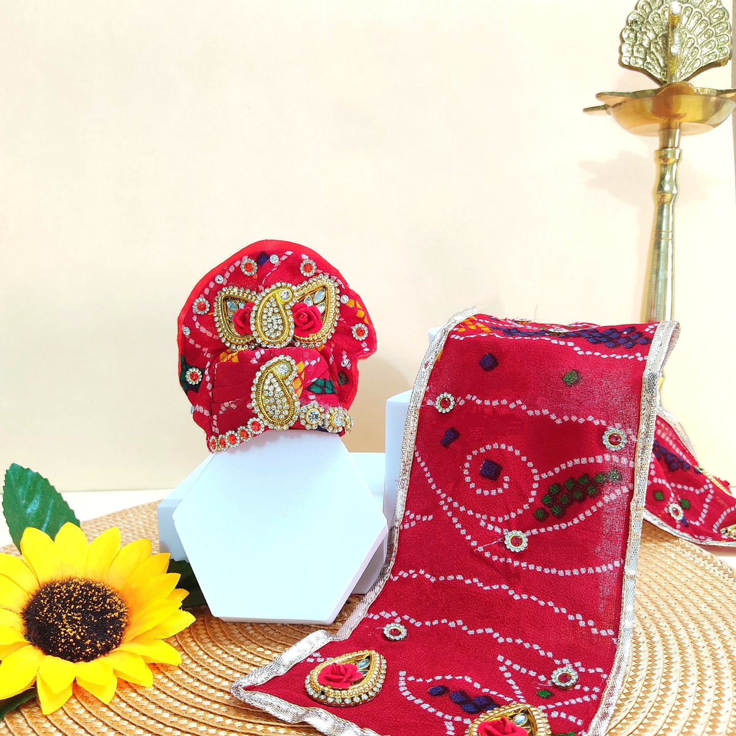 Radha Krishna Themed Red Bandhej Poshak – Heart Design Dress for Bal Gopal with Matching Mukut & Full Shringar Set
