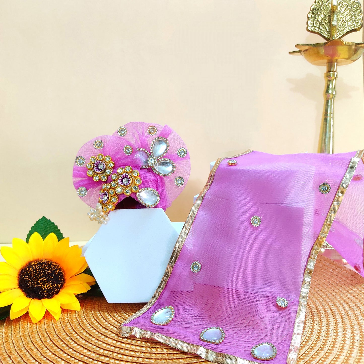 Sparkling Diamond Finish Radha Rani Dress in Light Purple – Janmashtami Special Unique Design Poshak With Matching Chunri, Bansuri & A Surprise Gift.