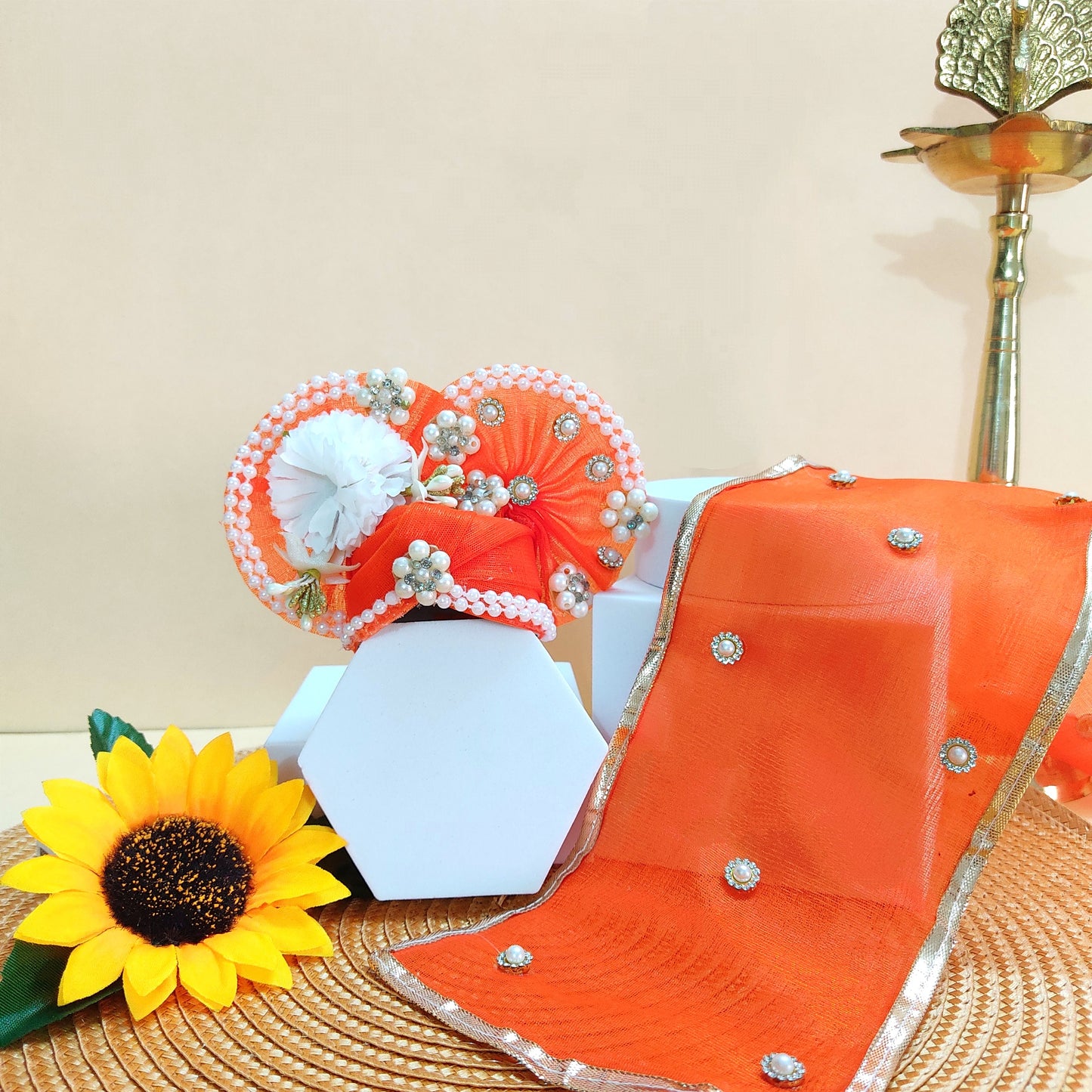 Golden “Shree Krishna” Name Patch with Charan Motif Radha Rani Dress – Orange Designer Poshak with Floral and Full Bead Work, Matching Dupatta & Full Shringar Set