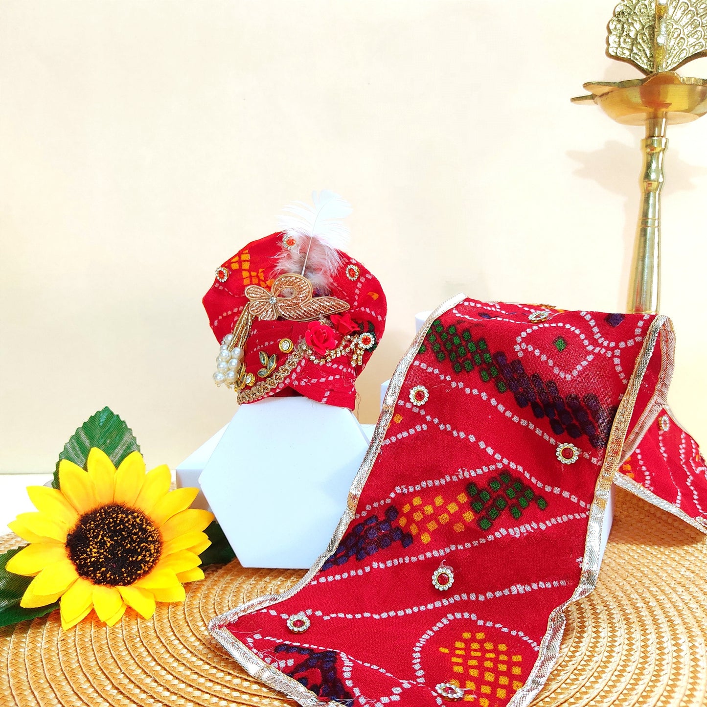 Butterfly Style Red & White Radha Rani Dress – Bandhej Print with Handmade Peacock Patches, Dupatta & Full Shringar Set