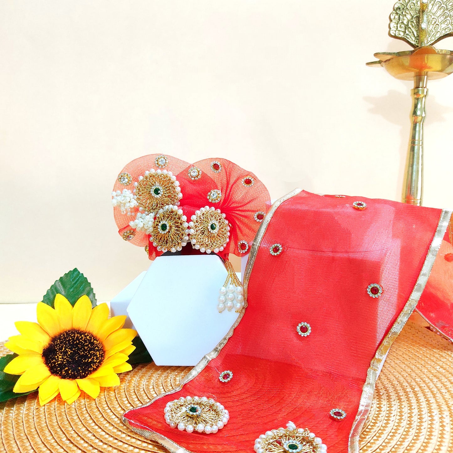 Traditional Red Radha Rani Poshak – Intricate Zari & Golden Patch Dress with Matching Dupatta & Full Shringar Set