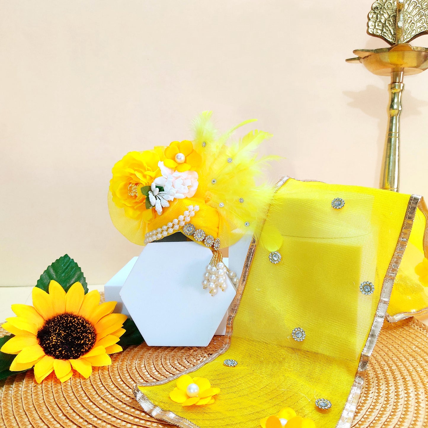 Soft Feather Yellow Radha Rani Dress – Janmashtami Special Poshak with Floral Work & Matching Dupatta Full Shringar Set