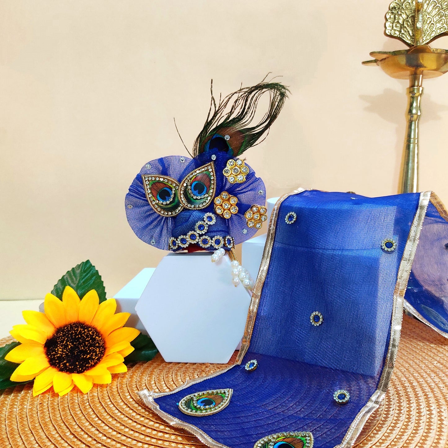 3D Peacock Blue Color Laddu Gopal Dress – Janmashtami Special Designer Thakur Ji Poshak with Matching Mukut & Full Shringar Set