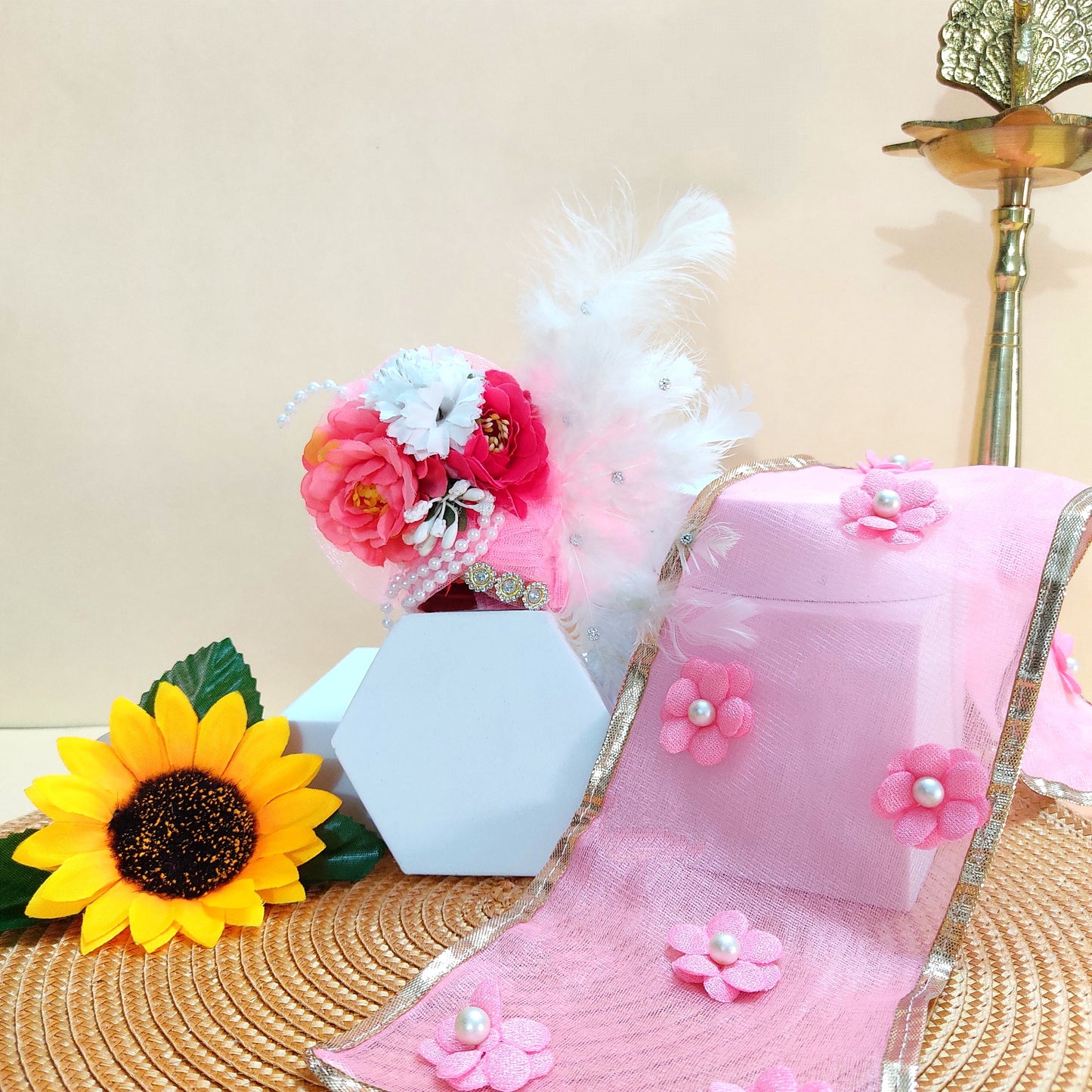 Soft Feather White & Baby Pink Radha Rani Dress – Janmashtami Special Shree Ji Poshak with Floral Work & Matching Chunri With Full Shringar Set