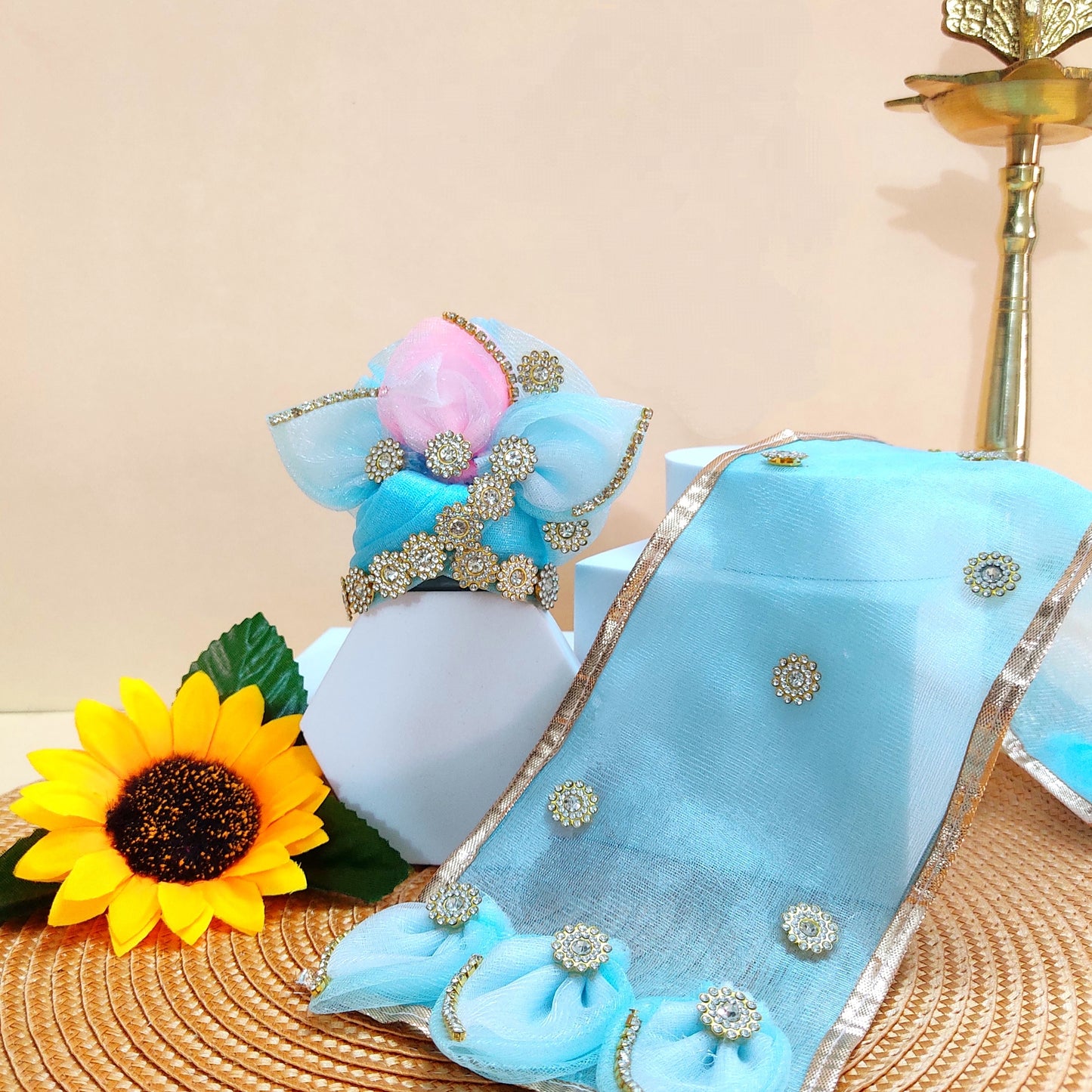 LED Light Up Radha Rani Dress – Two-In-One Pink & Sky-Blue Dress with Matching Dupatta, Bansuri & A Surprise Gift.