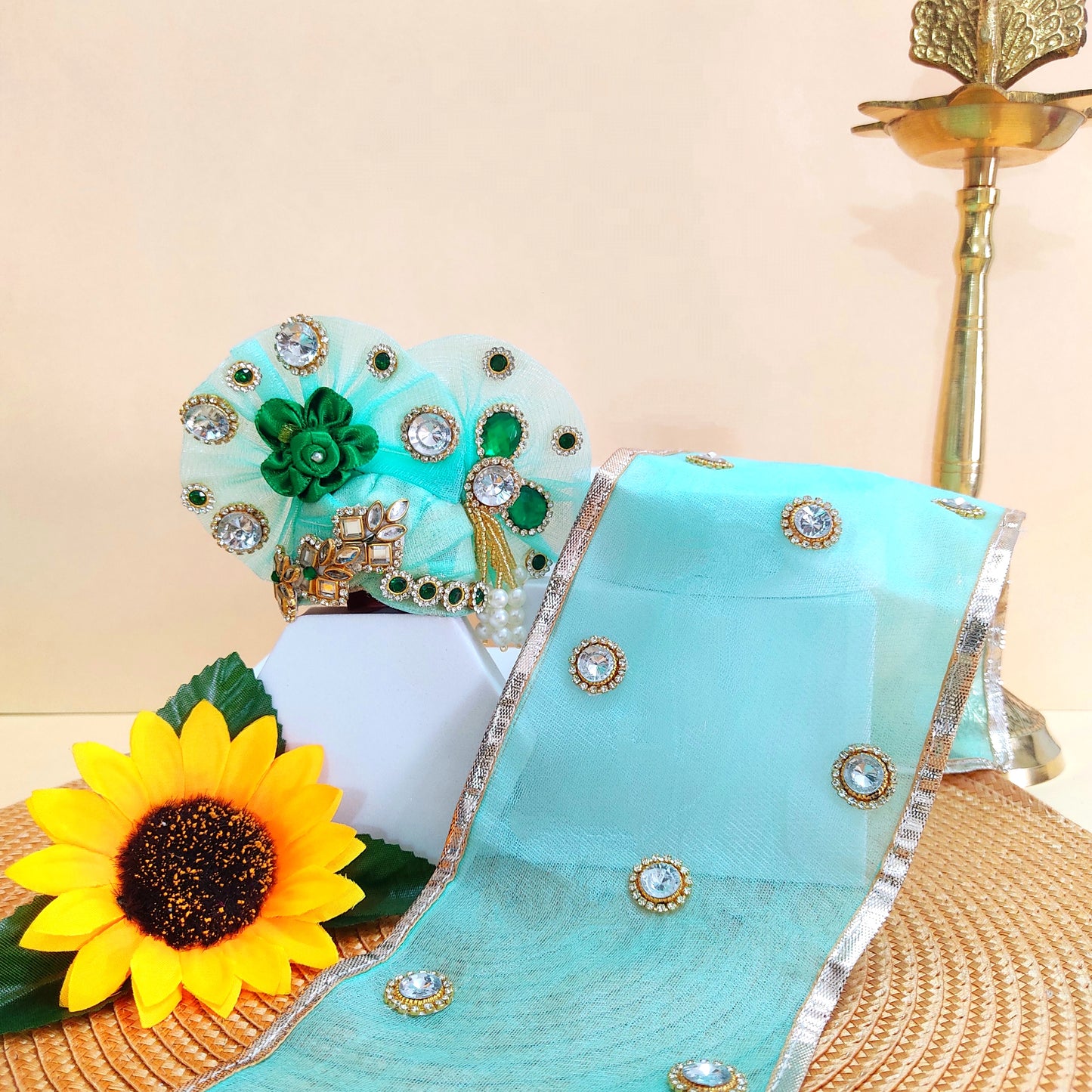 Divine Gau Mata -Themed Sea Green Krishna Dress – Janmashtami Designer Poshak with Mukut & Complete Shringar Accessories