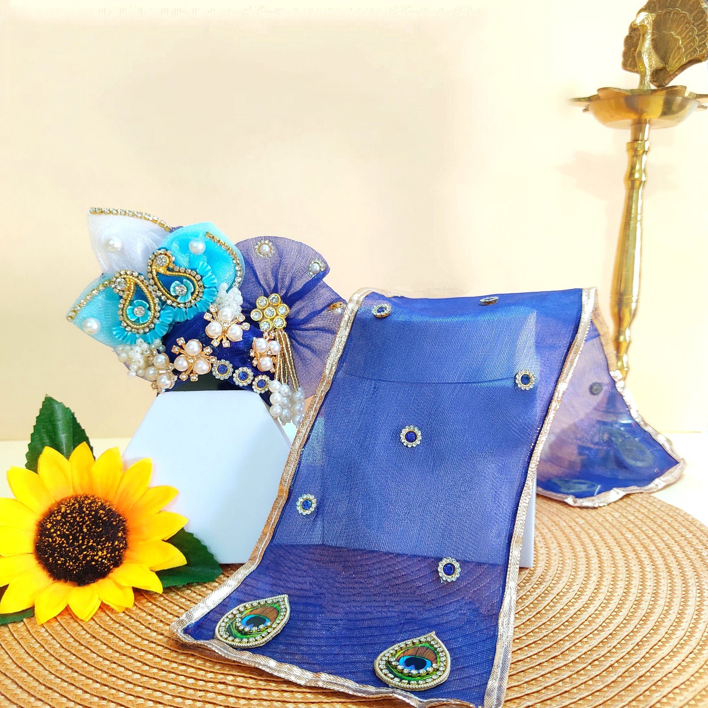 Majestic Royal Blue Laddu Gopal Dress – Detailed Handwork with Peacock Motifs, Petal Design, Heavy Mukut & Full Shringar Set